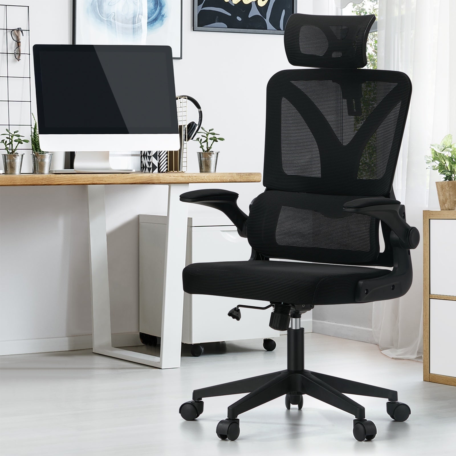 Oikiture Mesh Office Chair Adjustable Lumbar Support Reclining D-Shape Black - Sunyee