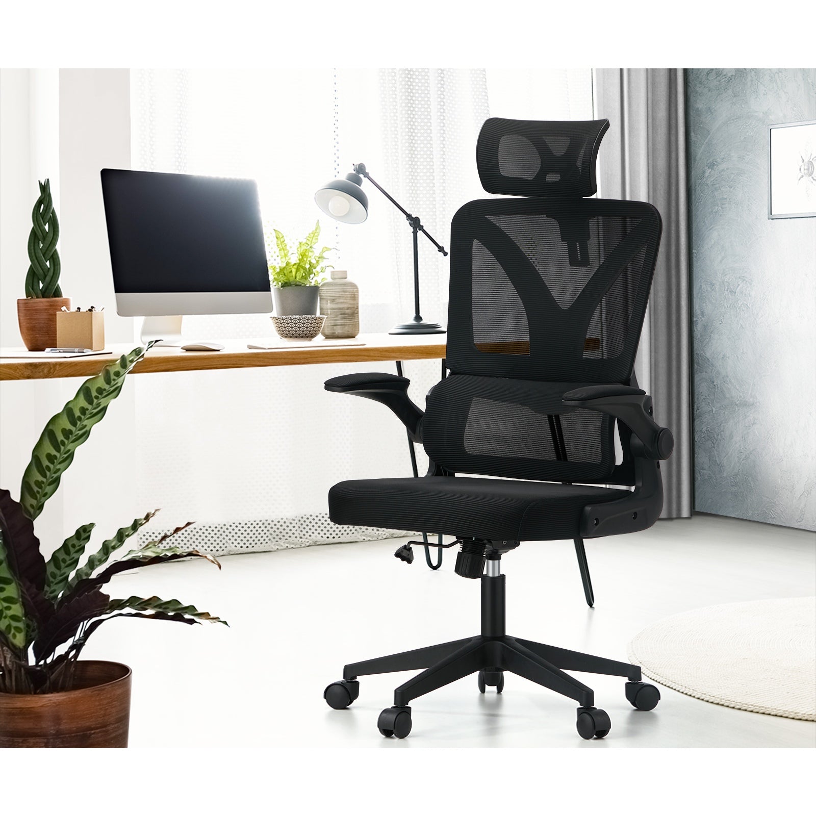 Oikiture Mesh Office Chair Adjustable Lumbar Support Reclining D-Shape Black - Sunyee