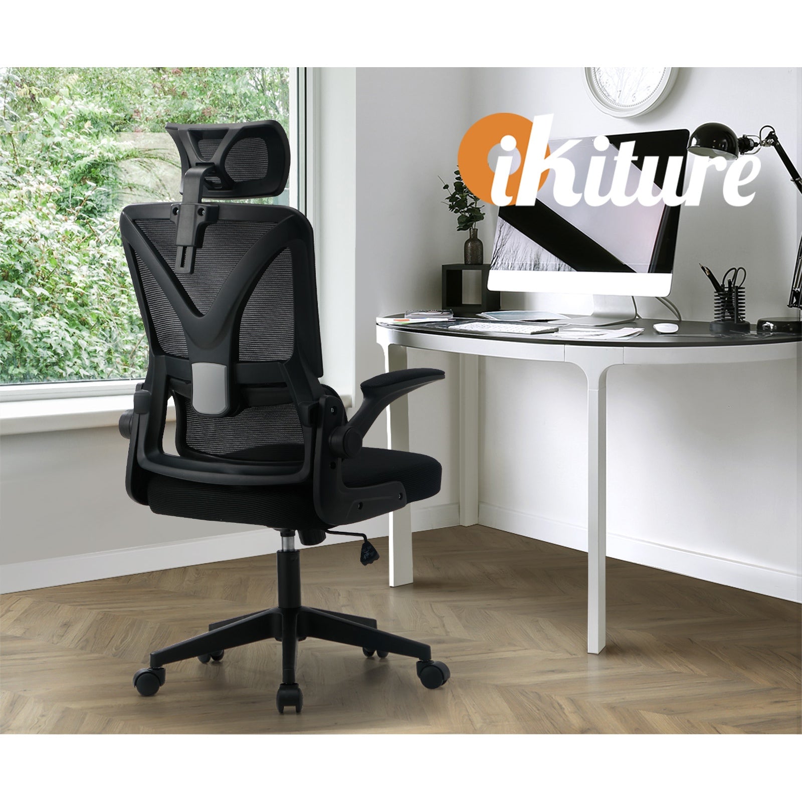 Oikiture Mesh Office Chair Adjustable Lumbar Support Reclining D-Shape Black - Sunyee