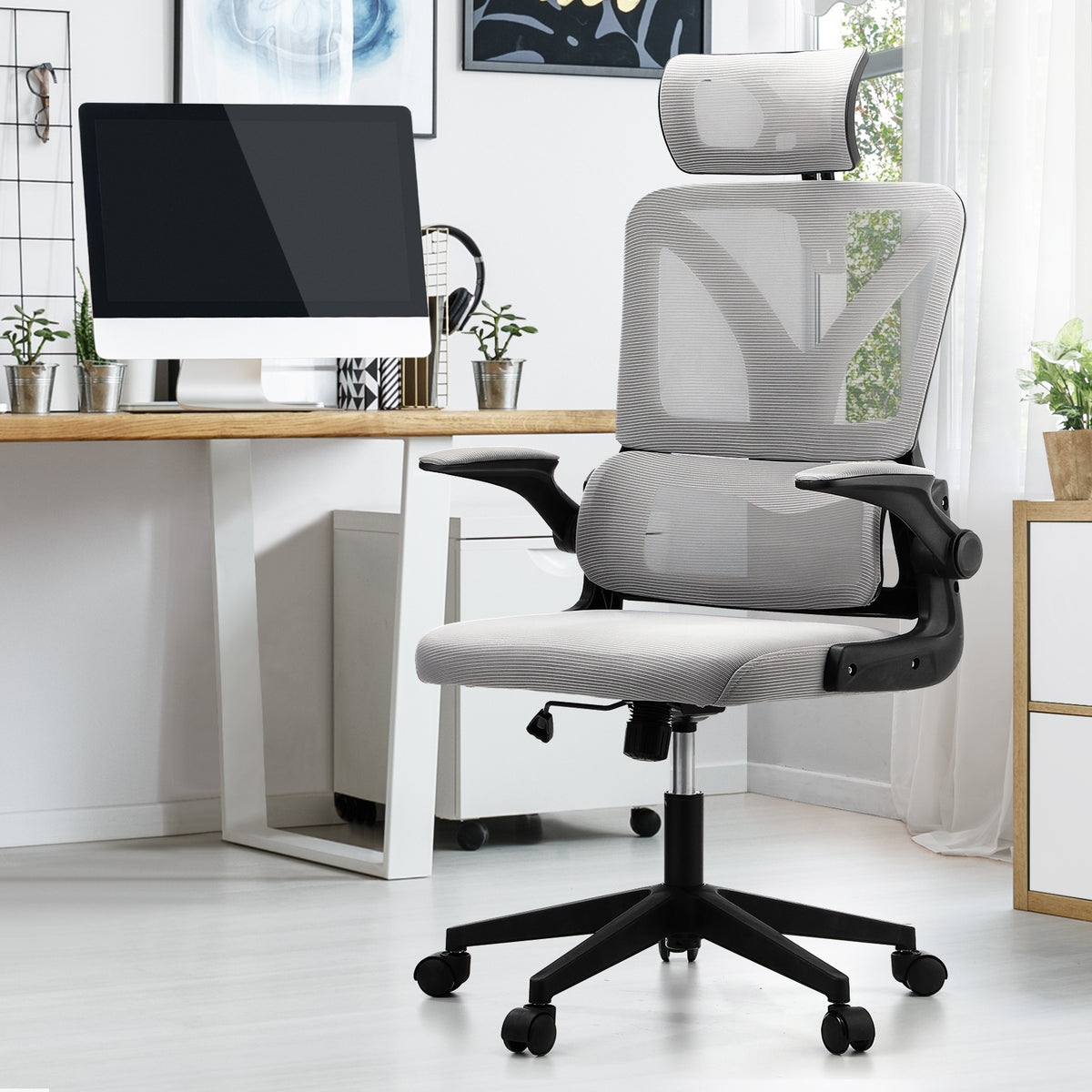 Oikiture Mesh Office Chair Adjustable Lumbar Support Reclining D-Shape BK&GY - Sunyee