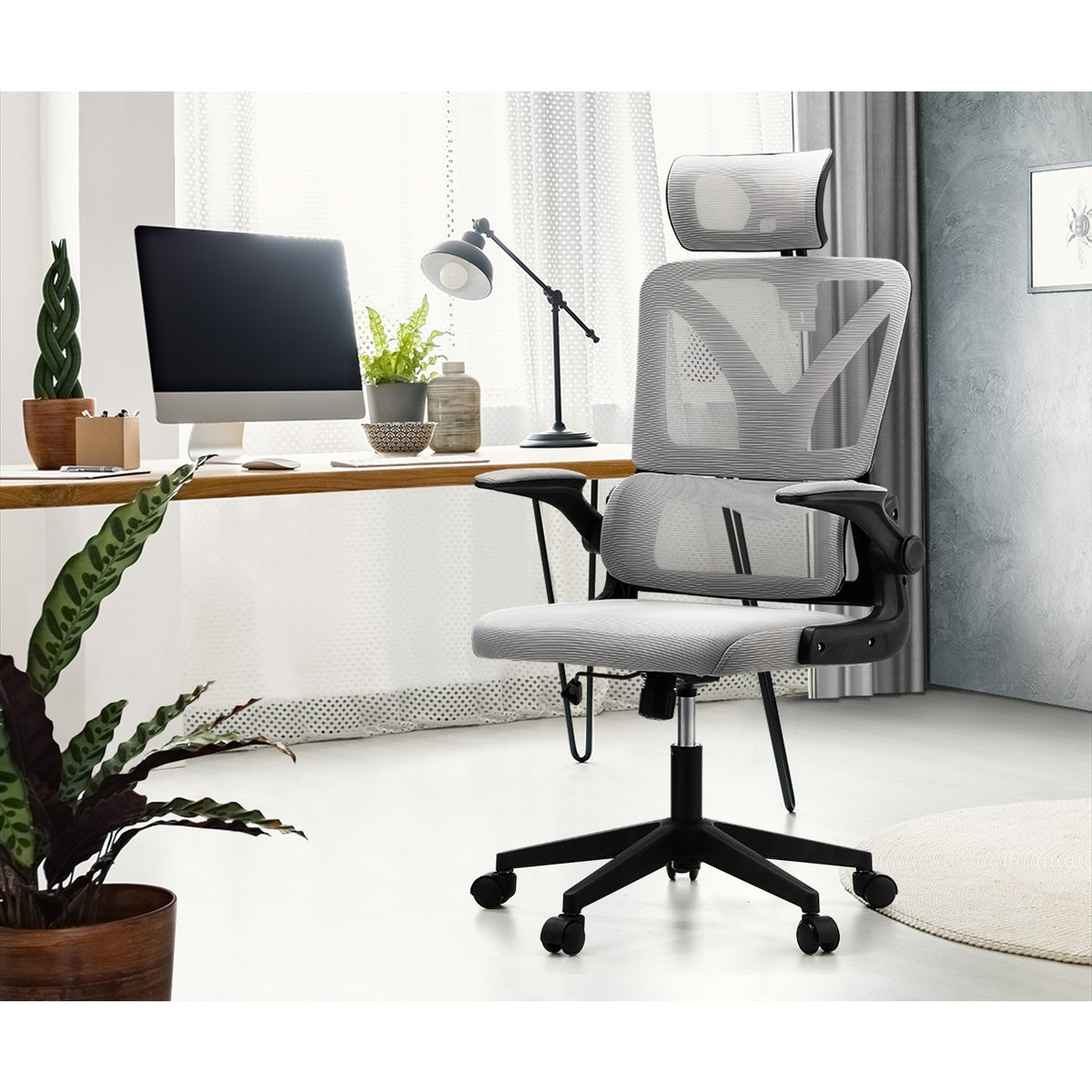 Oikiture Mesh Office Chair Adjustable Lumbar Support Reclining D-Shape BK&GY - Sunyee
