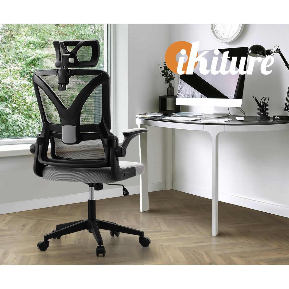 Oikiture Mesh Office Chair Adjustable Lumbar Support Reclining D-Shape BK&GY - Sunyee