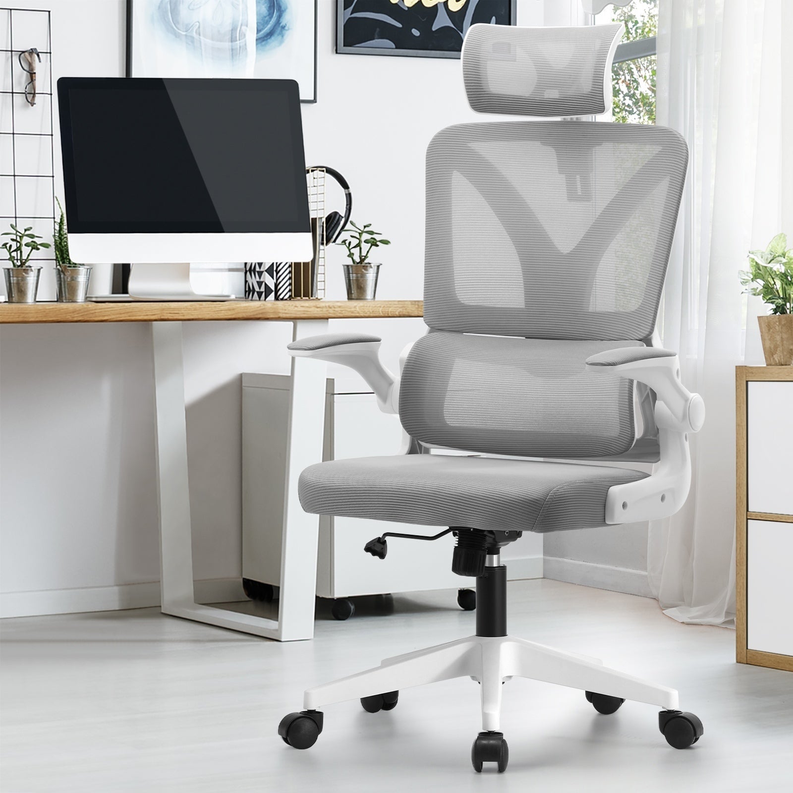 Oikiture Mesh Office Chair Adjustable Lumbar Support Reclining D-Shape White - Sunyee