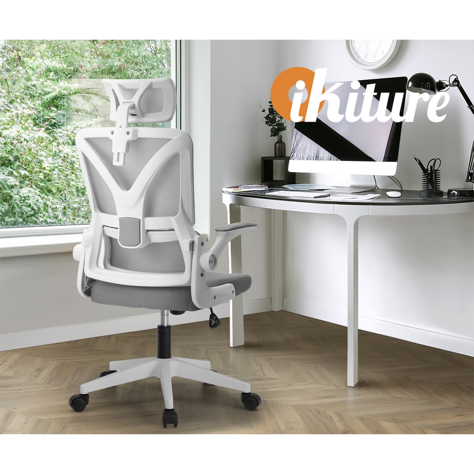 Oikiture Mesh Office Chair Adjustable Lumbar Support Reclining D-Shape White - Sunyee