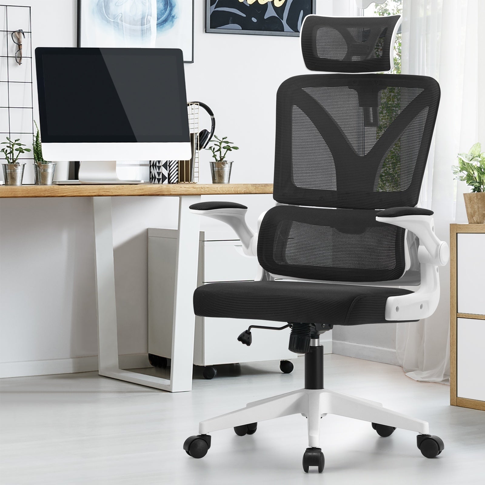 Oikiture Mesh Office Chair Adjustable Lumbar Support Reclining D-Shape WH&BK - Sunyee