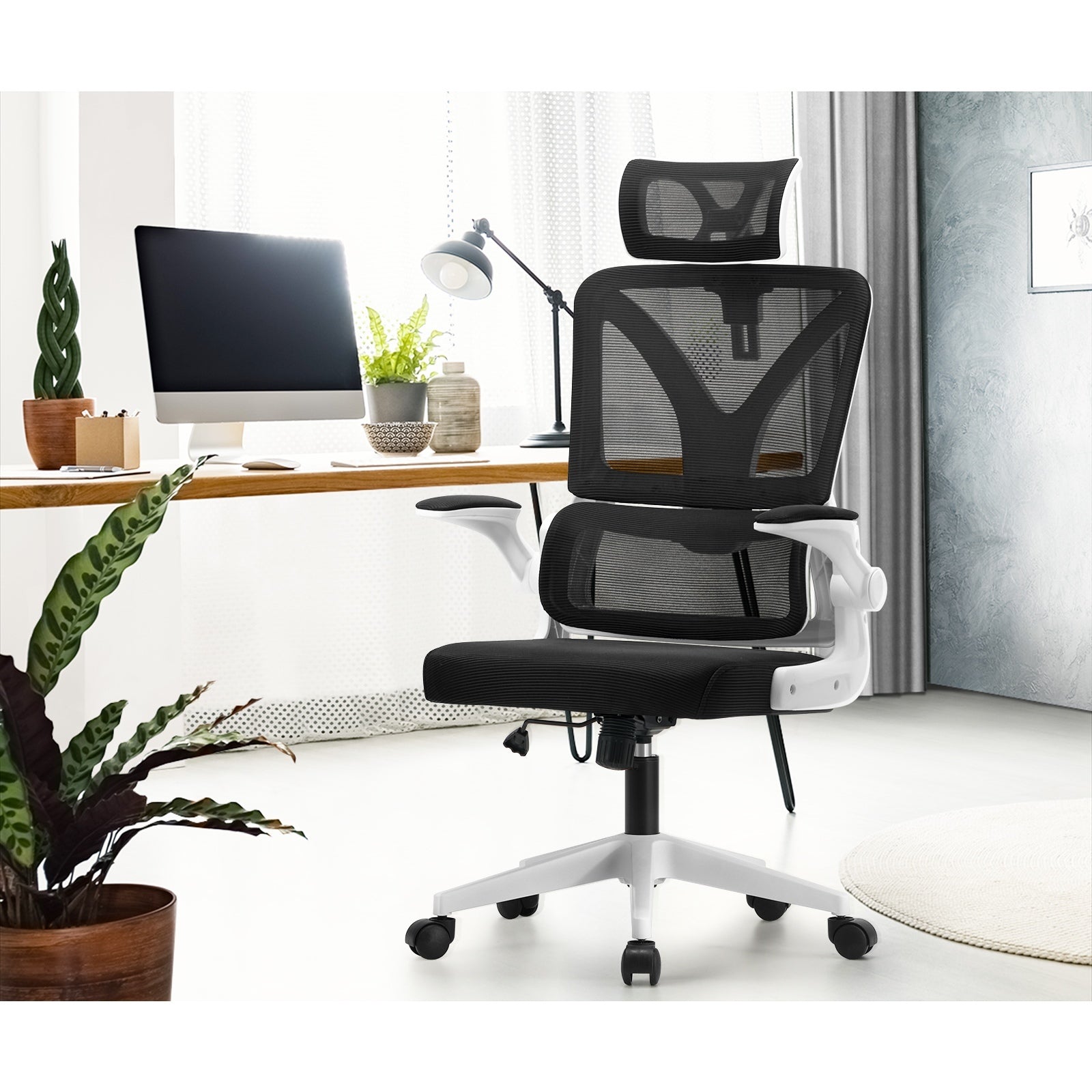 Oikiture Mesh Office Chair Adjustable Lumbar Support Reclining D-Shape WH&BK - Sunyee