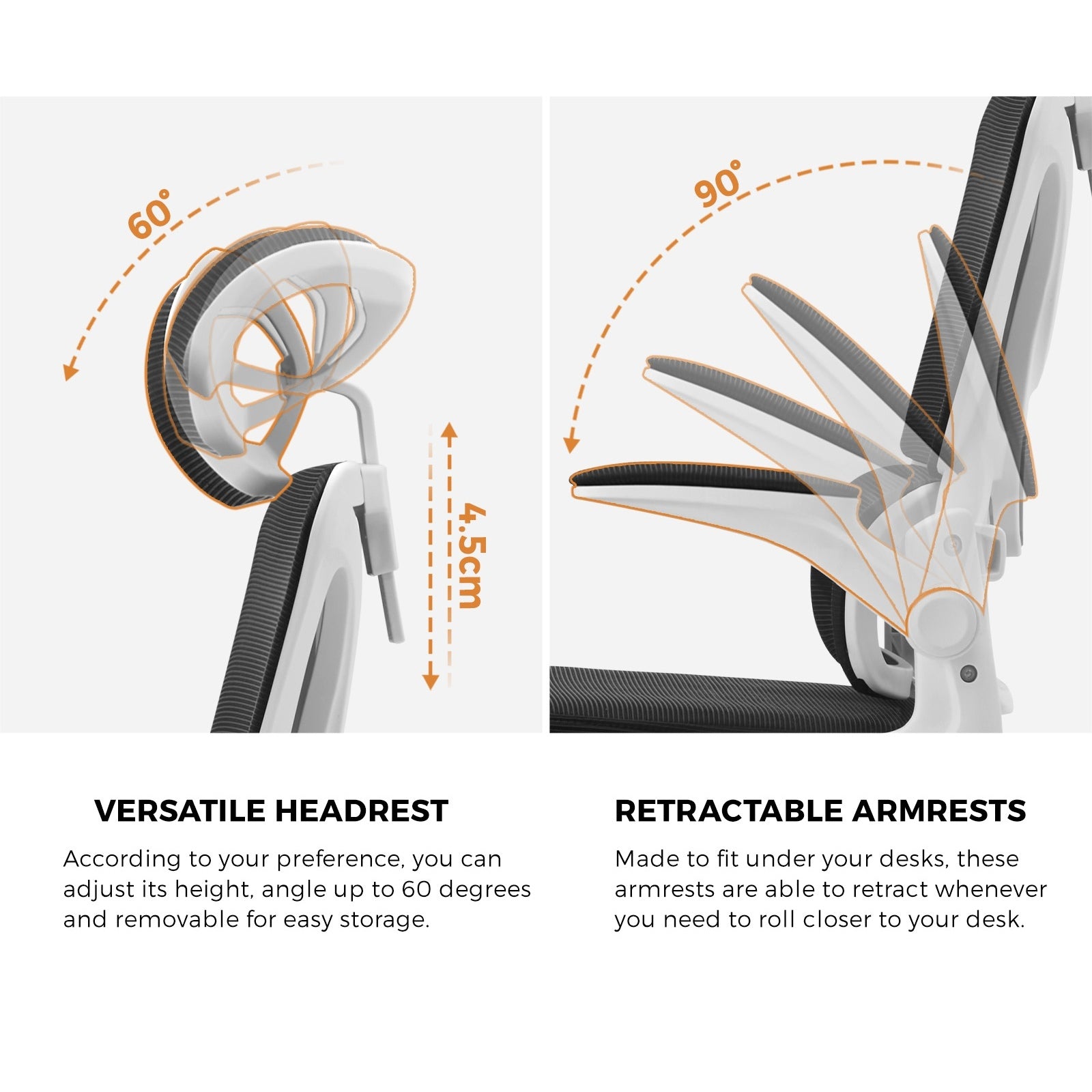 Oikiture Mesh Office Chair Adjustable Lumbar Support Reclining D-Shape WH&BK - Sunyee