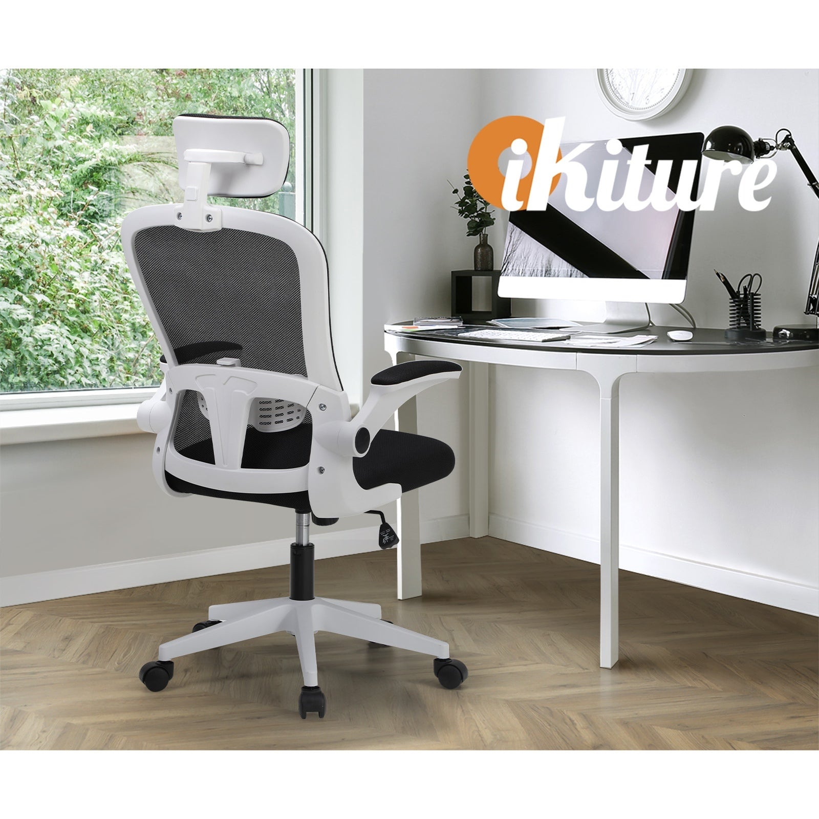 Oikiture Mesh Office Chair Adjustable Lumbar Support Reclining D-Shape WH&BK - Sunyee