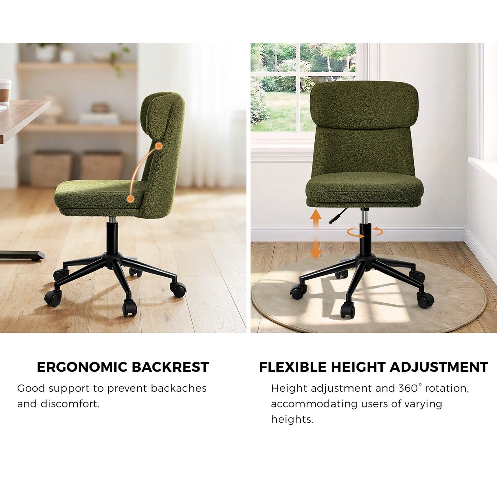 Oikiture Armless Office Chair Mid Back Computer Desk Chair Wheels Fabric Green - Sunyee