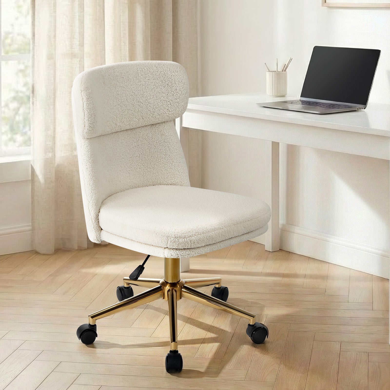 Oikiture Armless Office Chair Mid Back Computer Desk Chair Wheels Fabric White - Sunyee