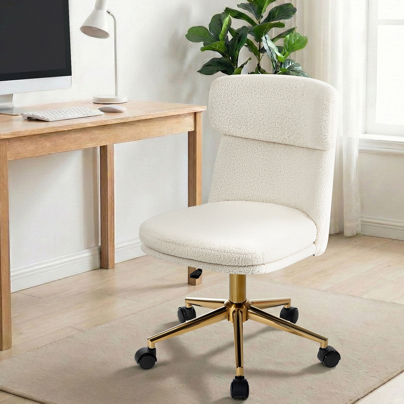 Oikiture Armless Office Chair Mid Back Computer Desk Chair Wheels Fabric White - Sunyee
