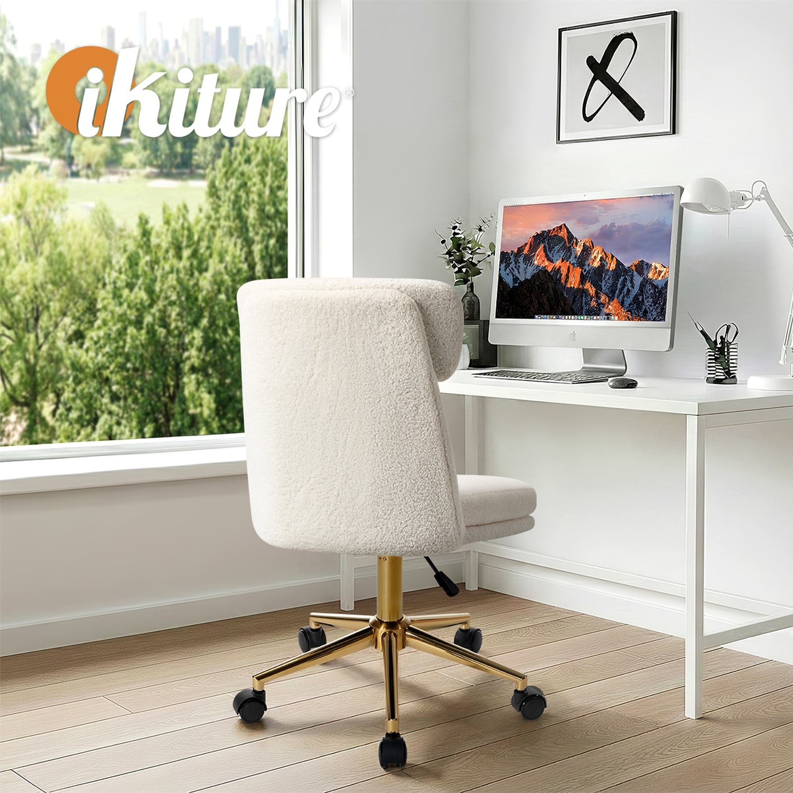 Oikiture Armless Office Chair Mid Back Computer Desk Chair Wheels Fabric White - Sunyee
