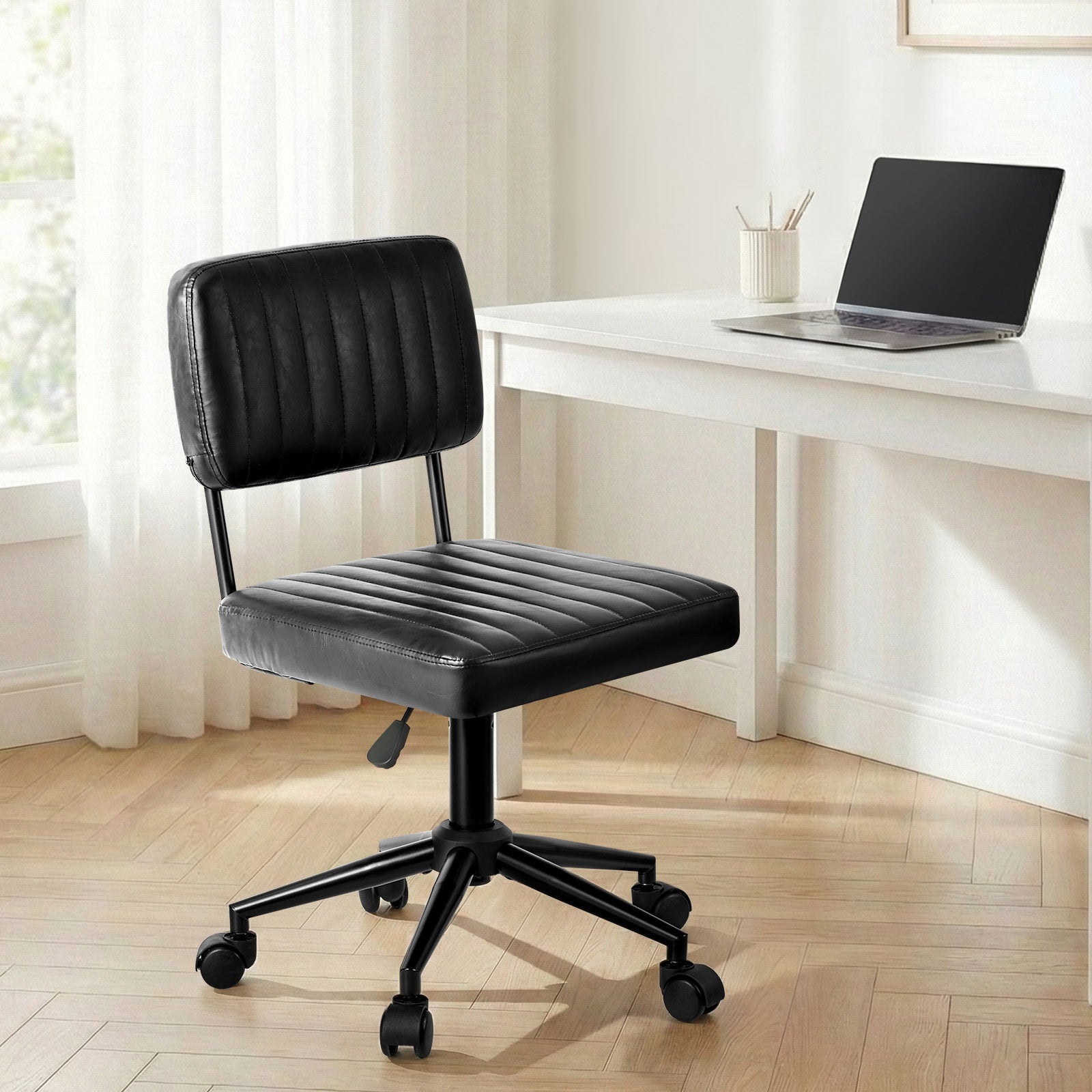 Oikiture Mid Back Armless Office Chair Swivel Computer Gaming Seat Leather Black - Sunyee