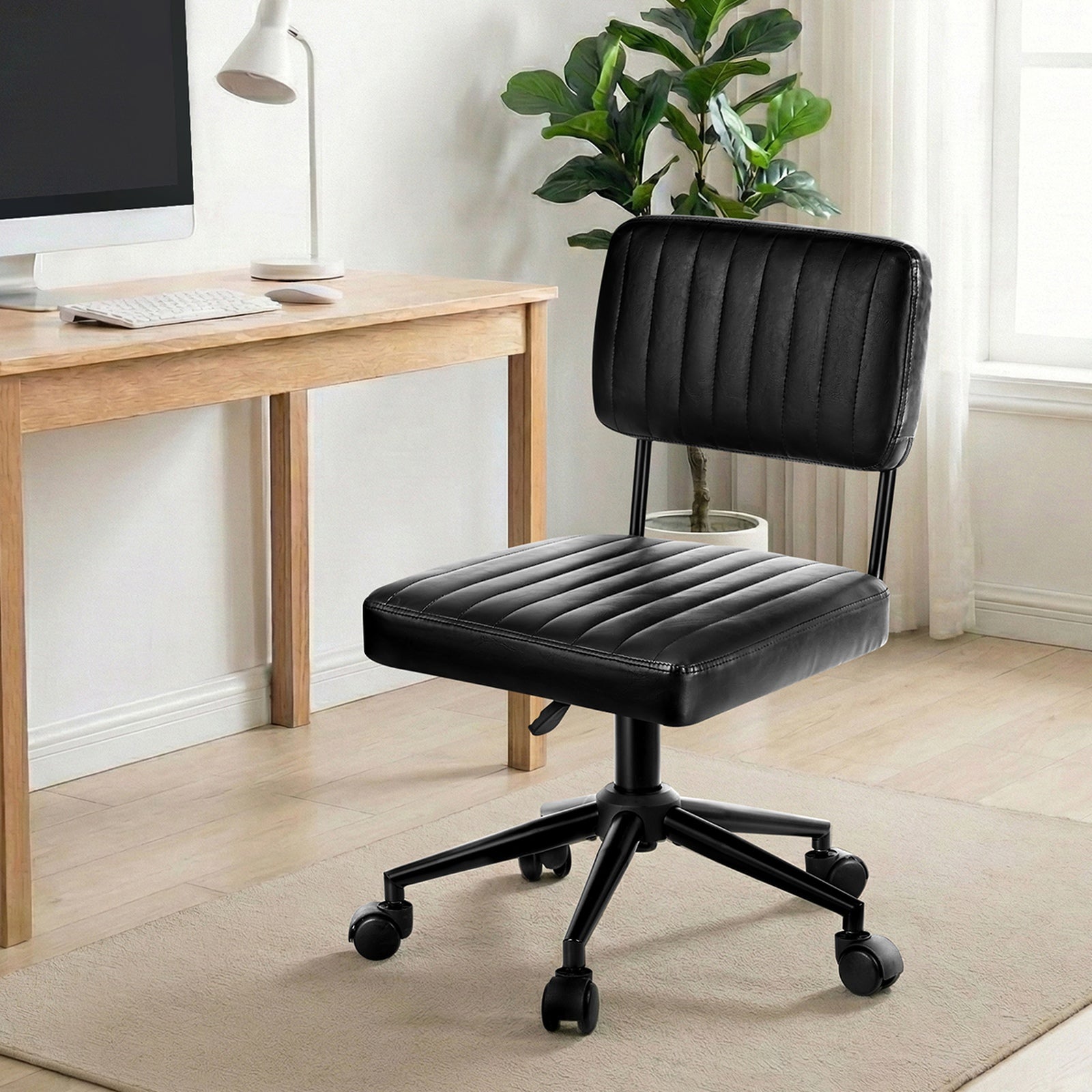 Oikiture Mid Back Armless Office Chair Swivel Computer Gaming Seat Leather Black - Sunyee