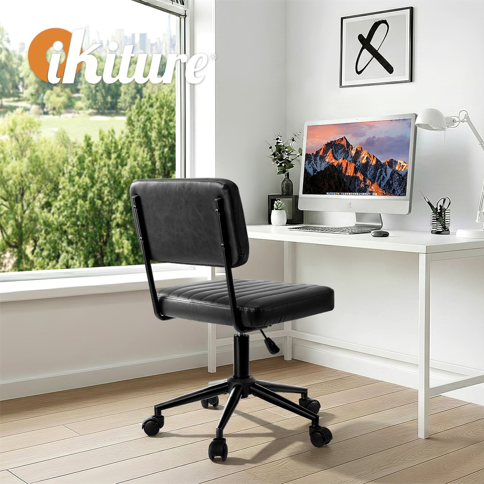 Oikiture Mid Back Armless Office Chair Swivel Computer Gaming Seat Leather Black - Sunyee