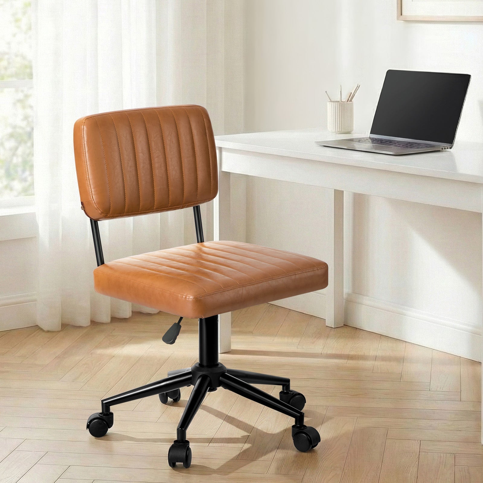 Oikiture Mid Back Armless Office Chair Swivel Computer Gaming Seat Leather Brown