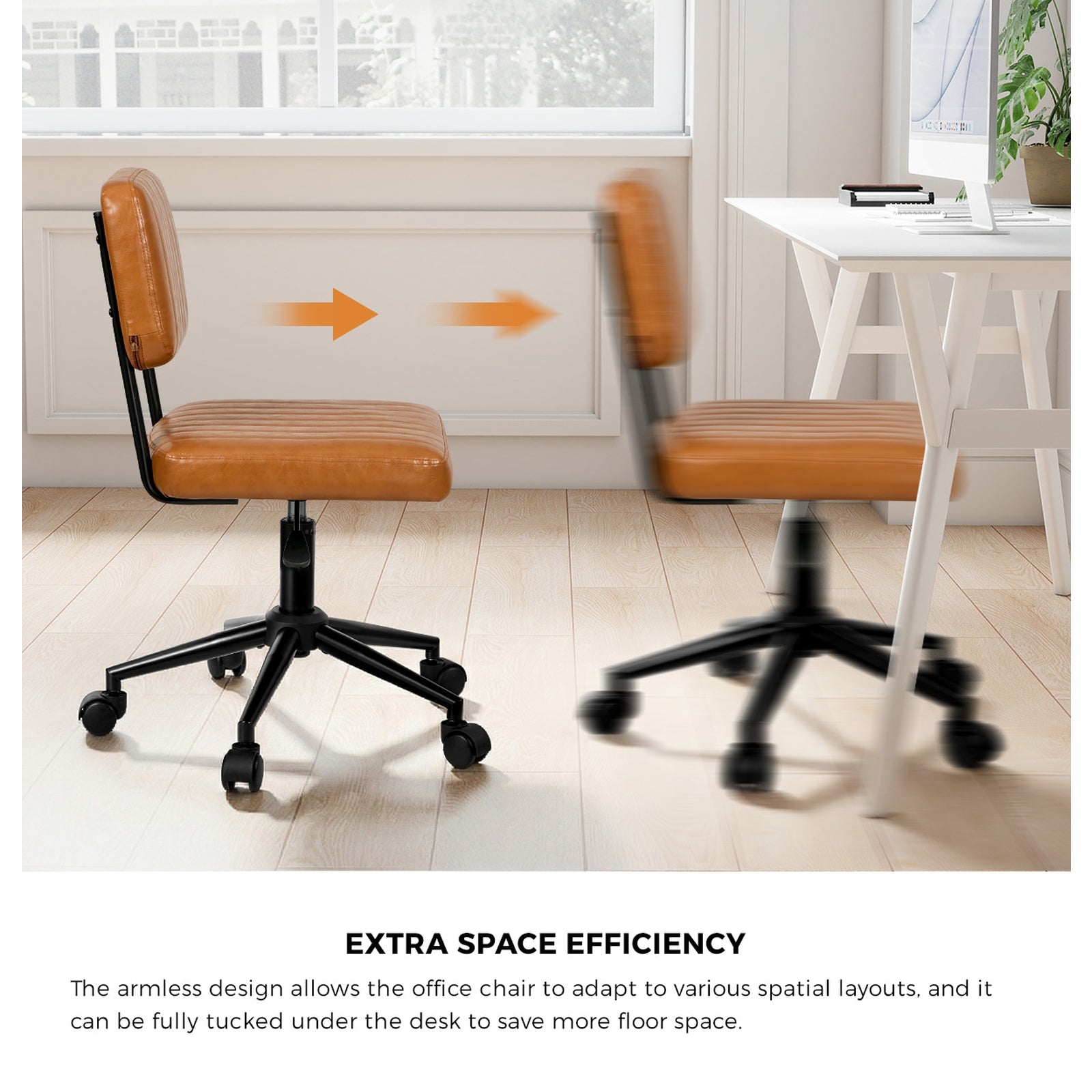 Oikiture Mid Back Armless Office Chair Swivel Computer Gaming Seat Leather Brown