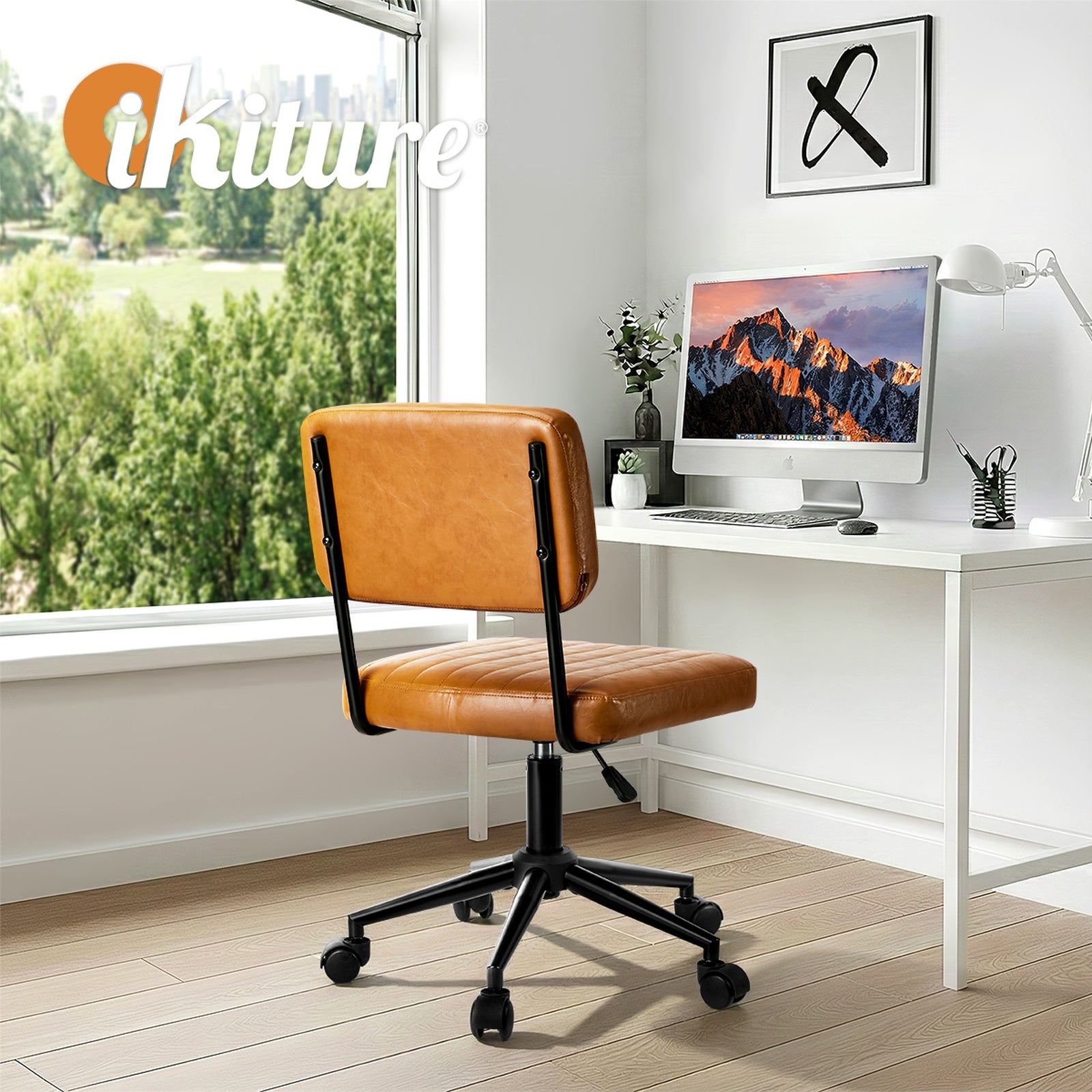 Oikiture Mid Back Armless Office Chair Swivel Computer Gaming Seat Leather Brown