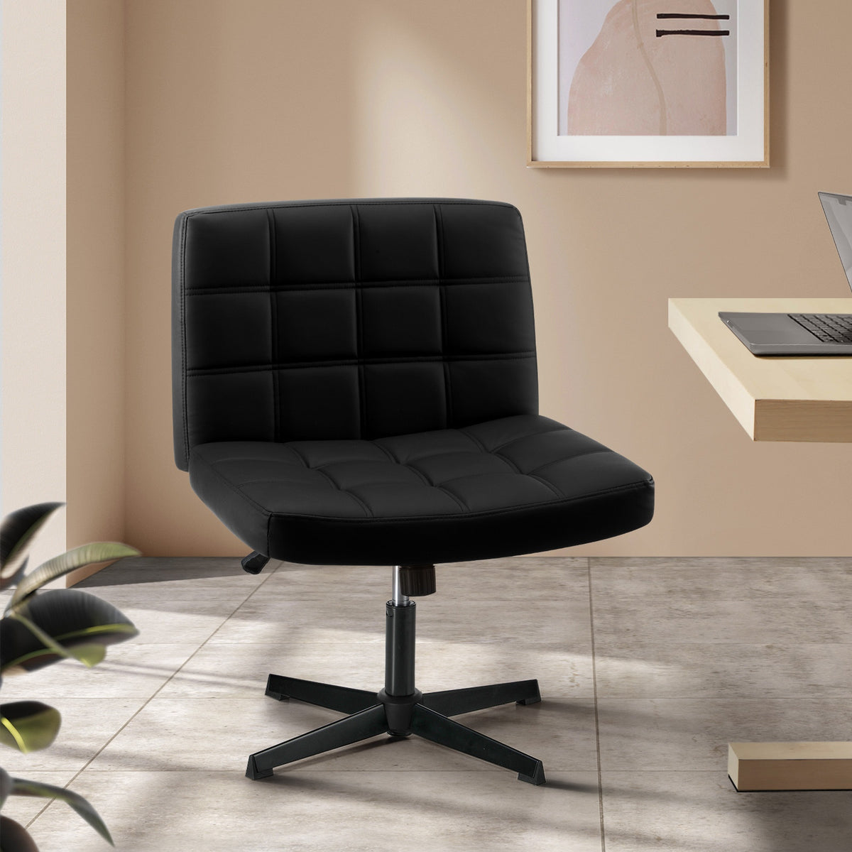 Oikiture Mid Back Armless Office Desk Chair Wide Seat Leather Black No Wheels - Sunyee