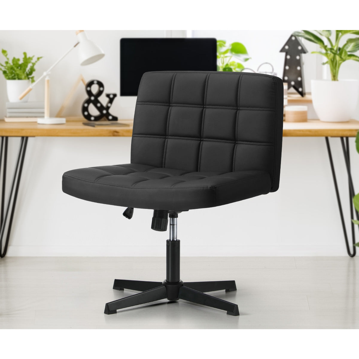 Oikiture Mid Back Armless Office Desk Chair Wide Seat Leather Black No Wheels - Sunyee
