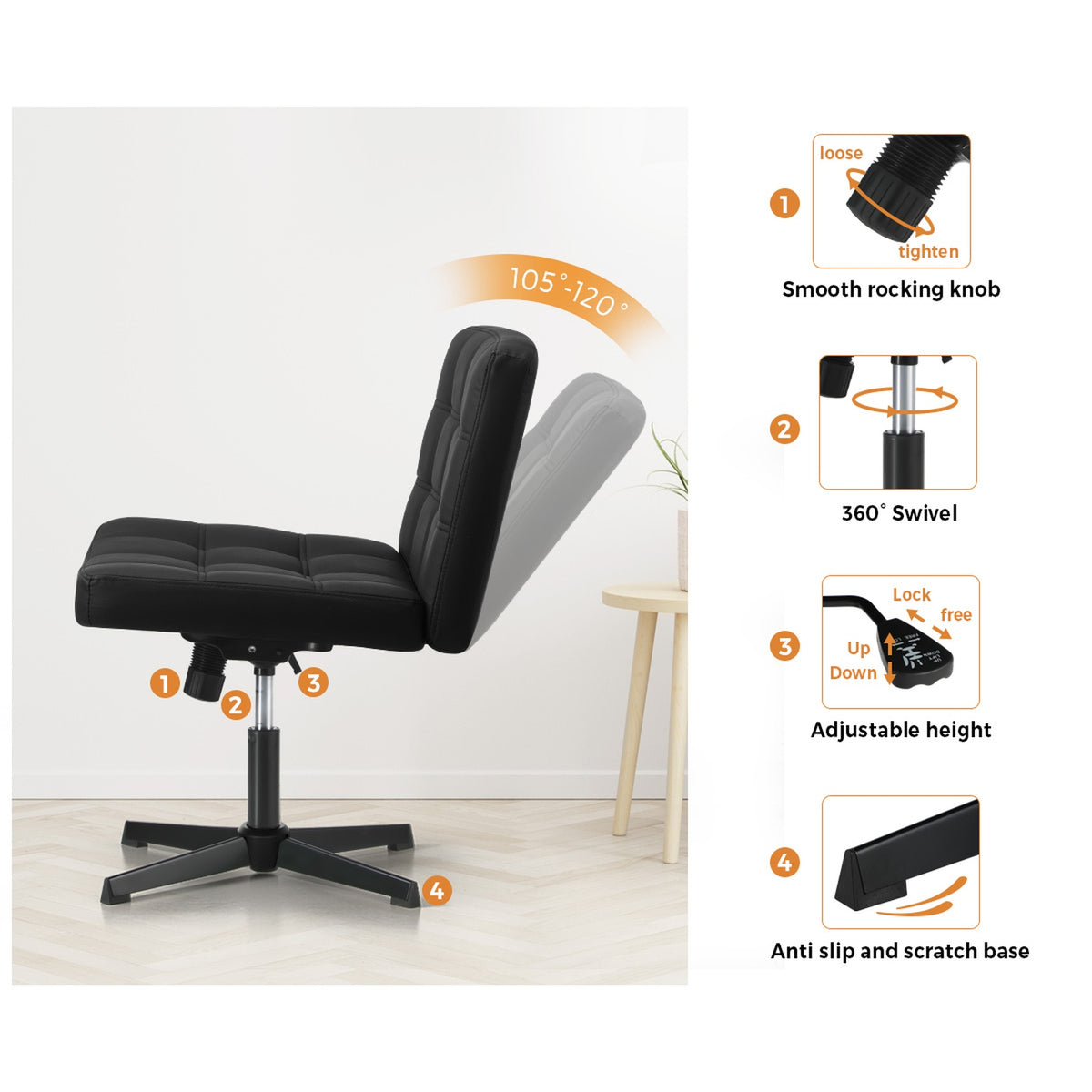 Oikiture Mid Back Armless Office Desk Chair Wide Seat Leather Black No Wheels - Sunyee