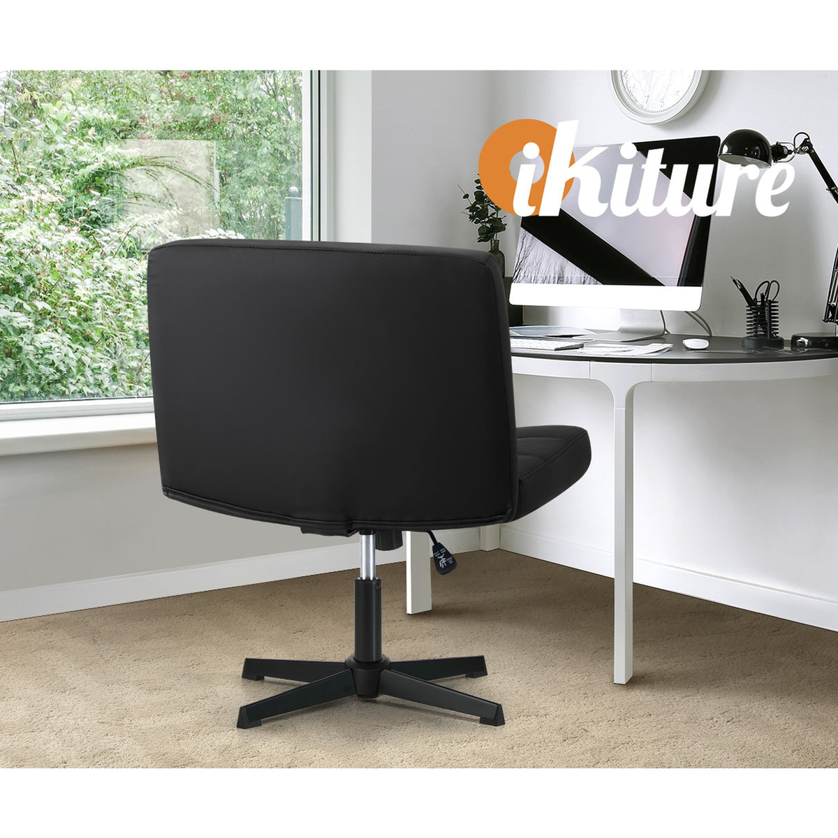 Oikiture Mid Back Armless Office Desk Chair Wide Seat Leather Black No Wheels - Sunyee