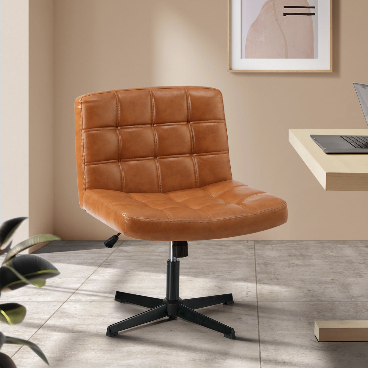 Oikiture Mid Back Armless Office Desk Chair Wide Seat Leather Brown No Wheels - Sunyee
