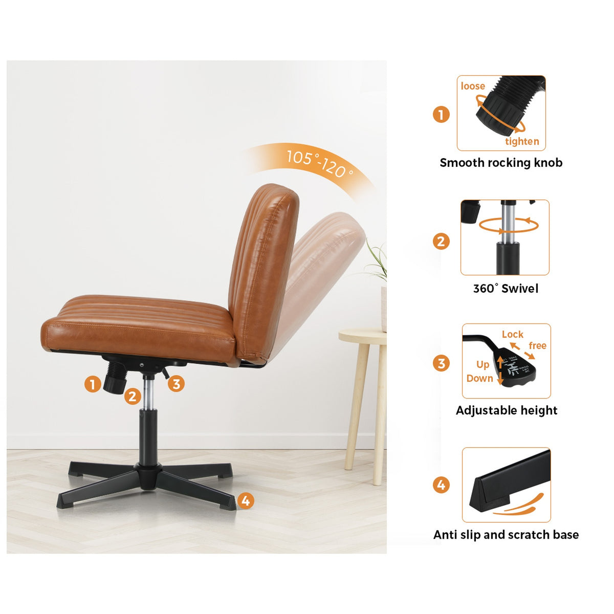 Oikiture Mid Back Armless Office Desk Chair Wide Seat Leather Brown No Wheels - Sunyee