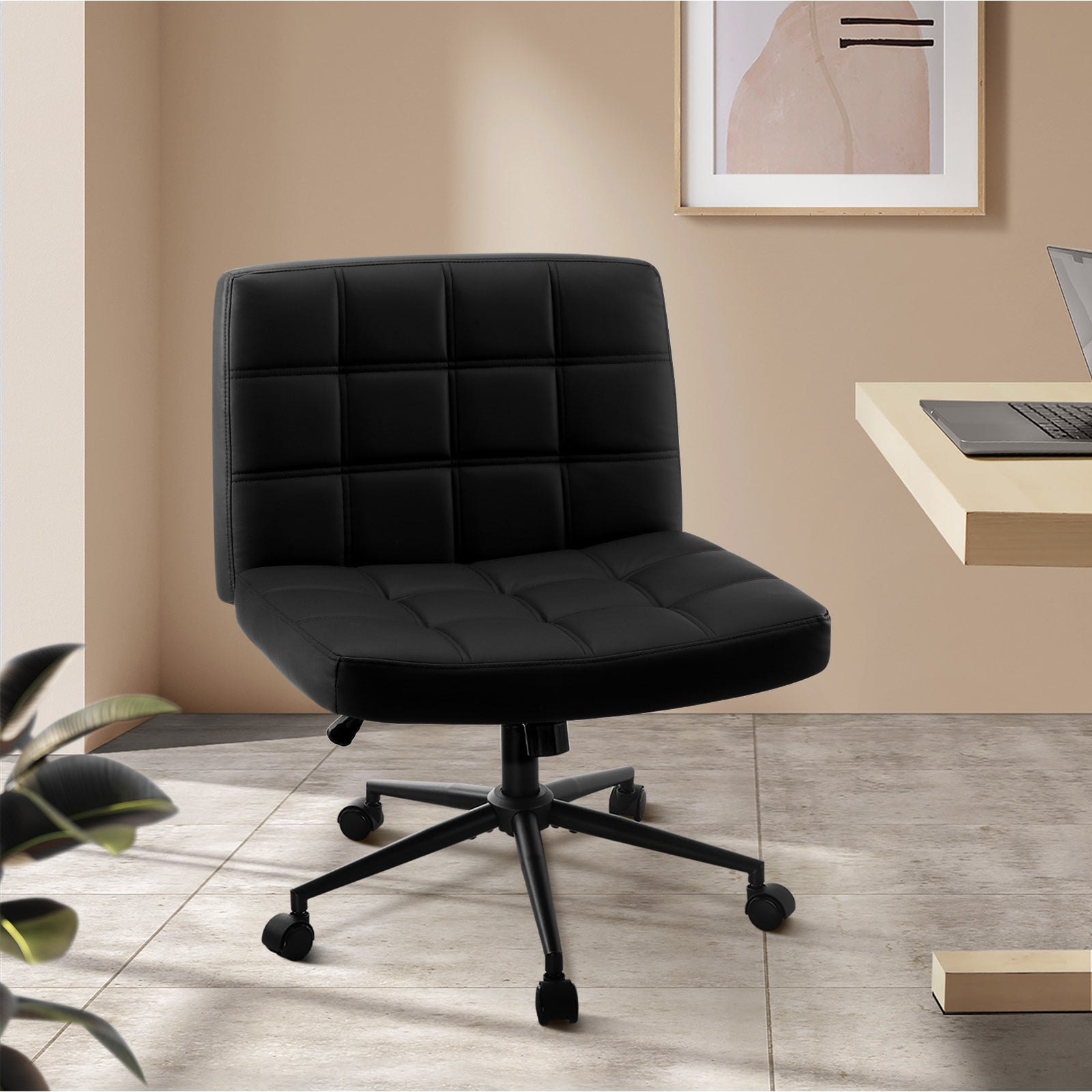 Oikiture Mid Back Armless Office Desk Chair Wide Seat PU Leather Black w/Wheels - Sunyee