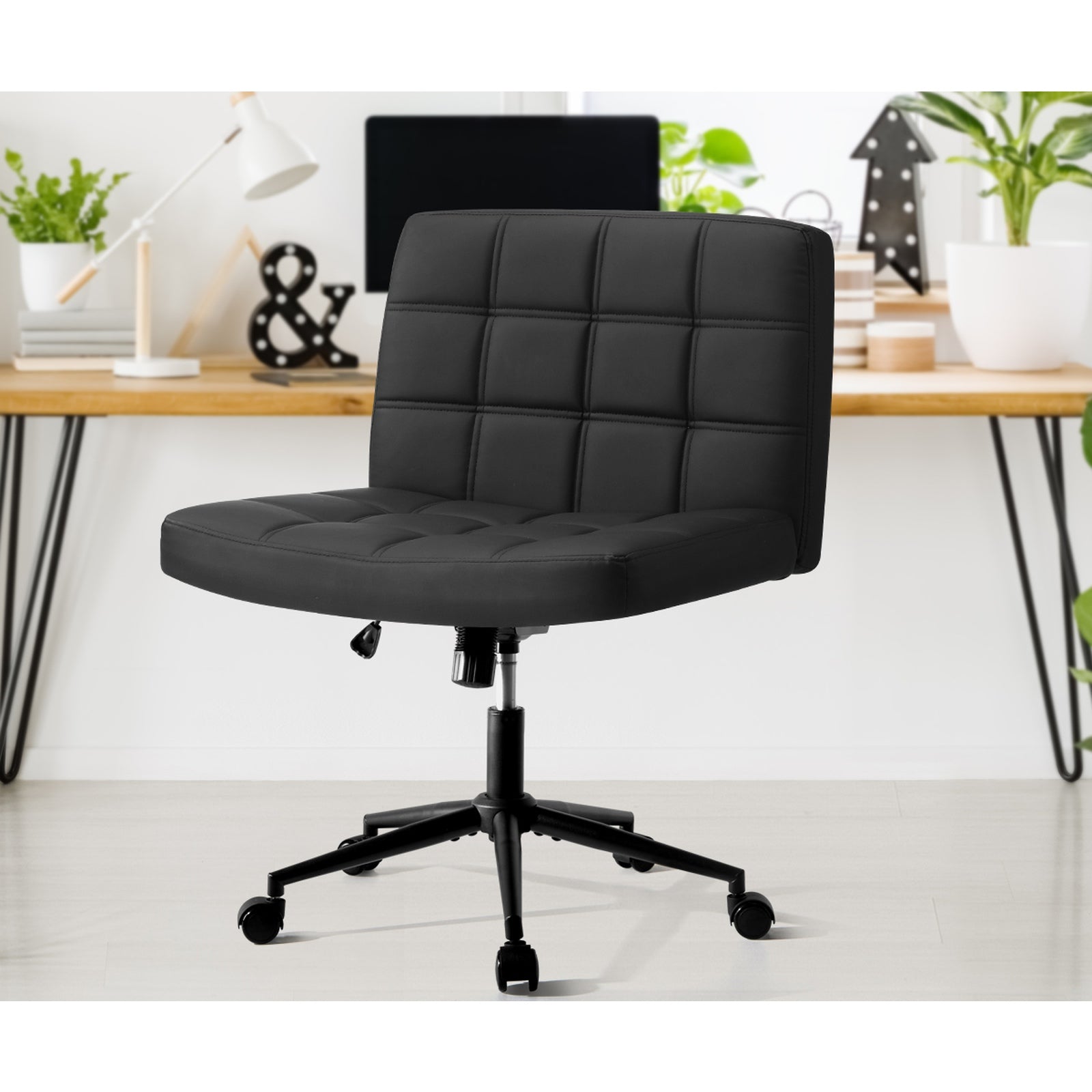 Oikiture Mid Back Armless Office Desk Chair Wide Seat PU Leather Black w/Wheels - Sunyee