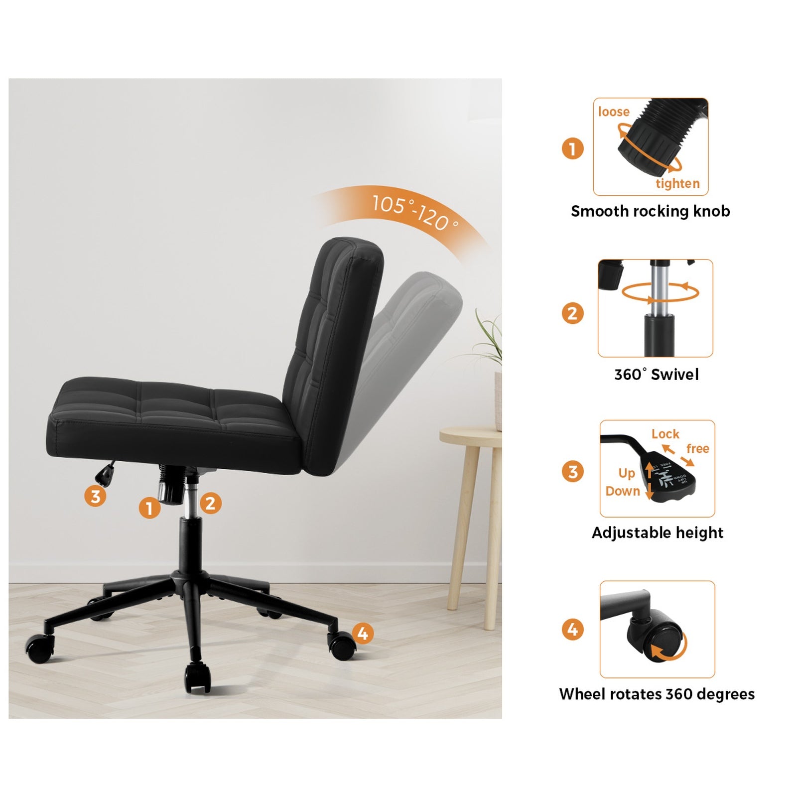 Oikiture Mid Back Armless Office Desk Chair Wide Seat PU Leather Black w/Wheels - Sunyee