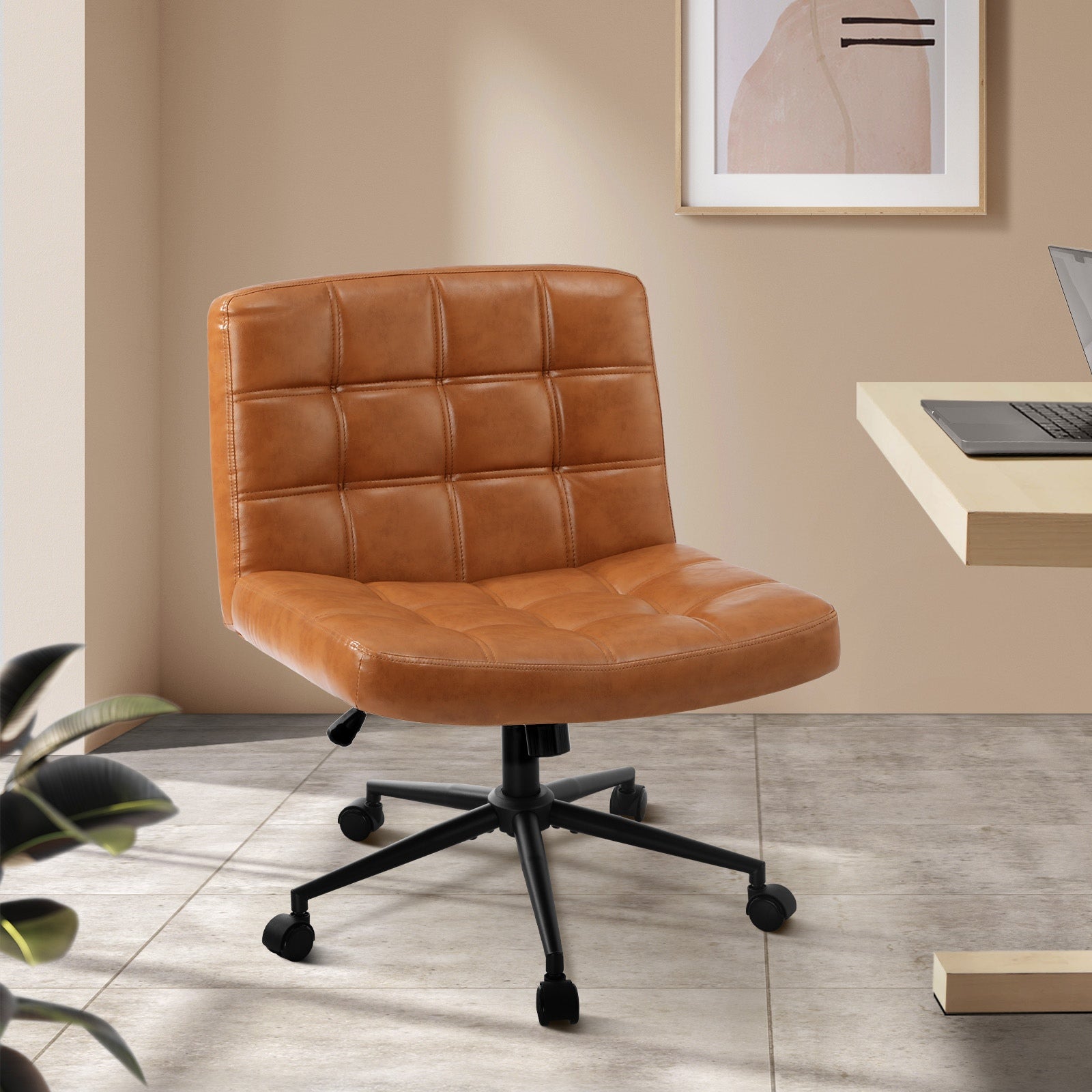 Oikiture Mid Back Armless Office Desk Chair Wide Seat PU Leather Brown w/Wheels - Sunyee