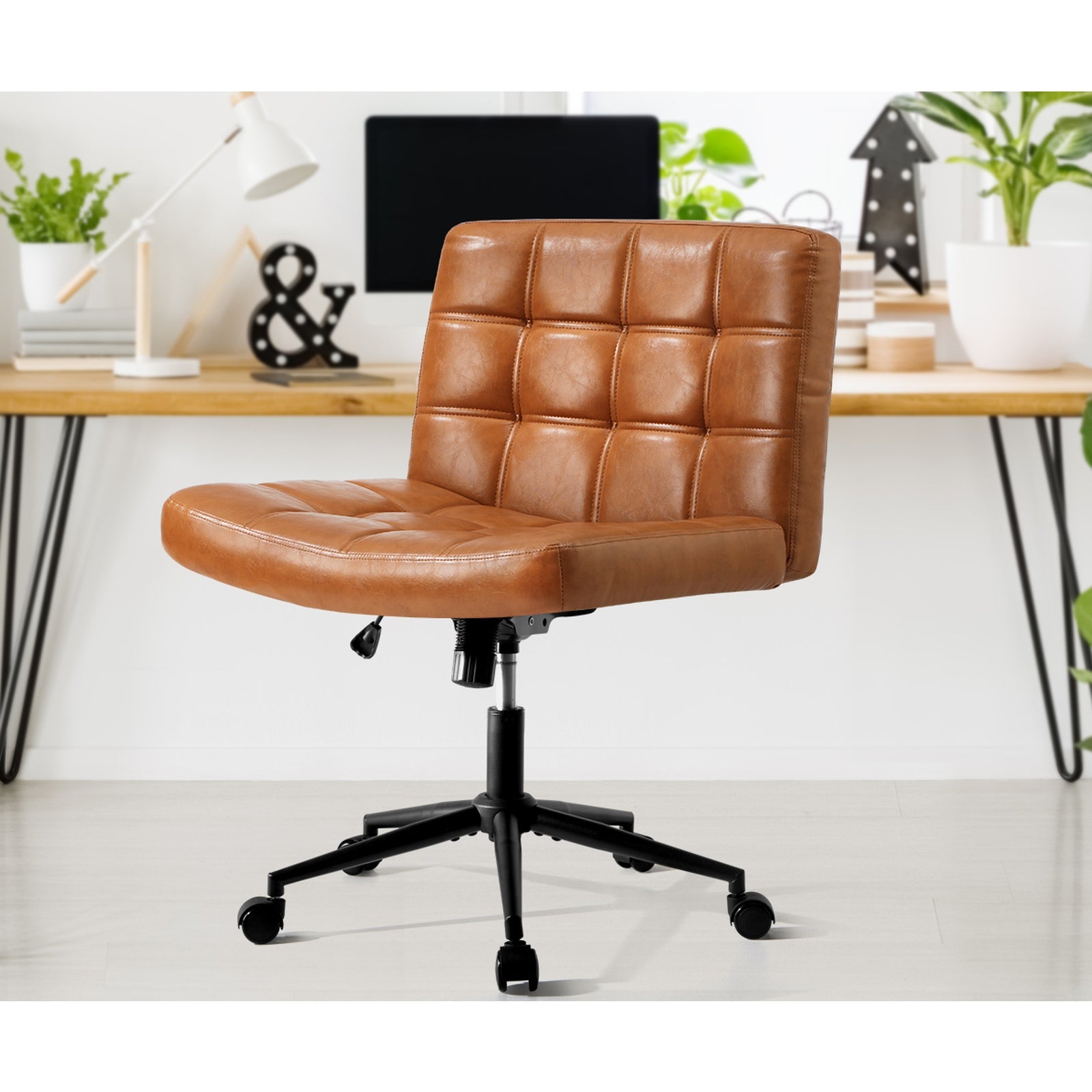 Oikiture Mid Back Armless Office Desk Chair Wide Seat PU Leather Brown w/Wheels - Sunyee