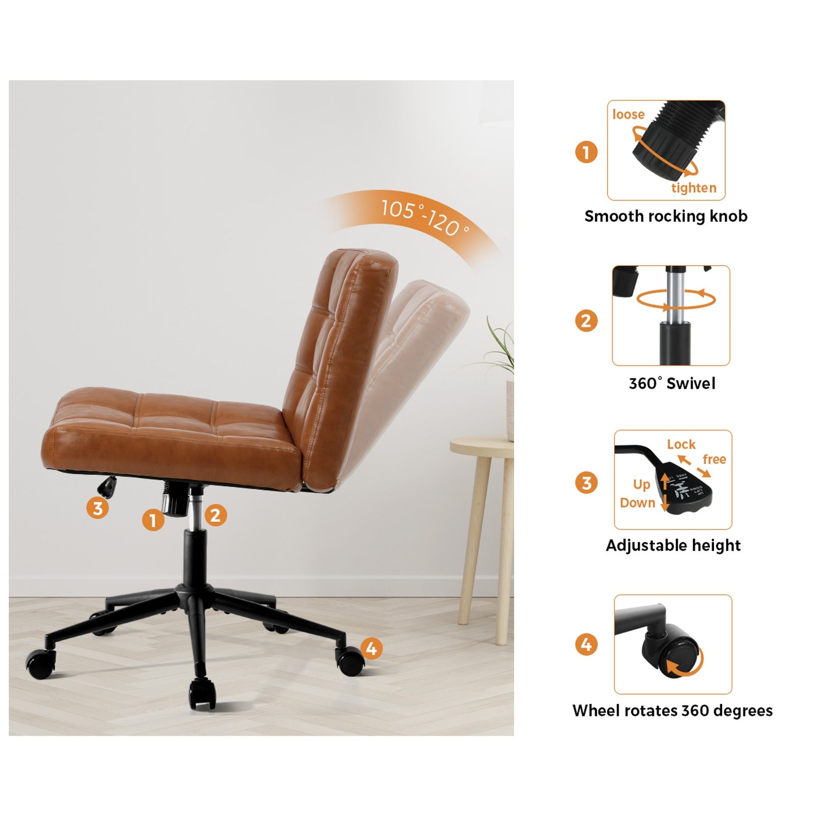 Oikiture Mid Back Armless Office Desk Chair Wide Seat PU Leather Brown w/Wheels - Sunyee