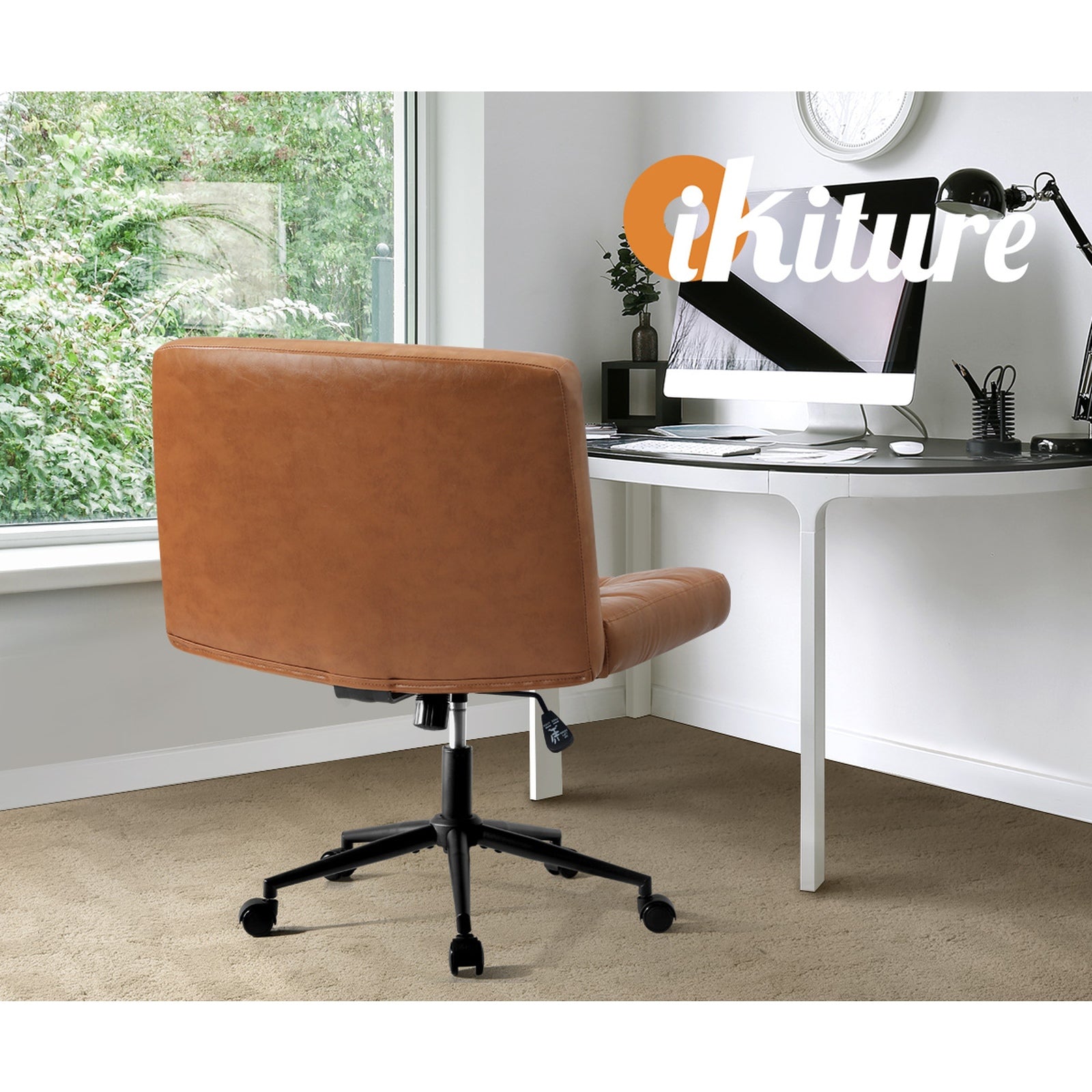 Oikiture Mid Back Armless Office Desk Chair Wide Seat PU Leather Brown w/Wheels - Sunyee