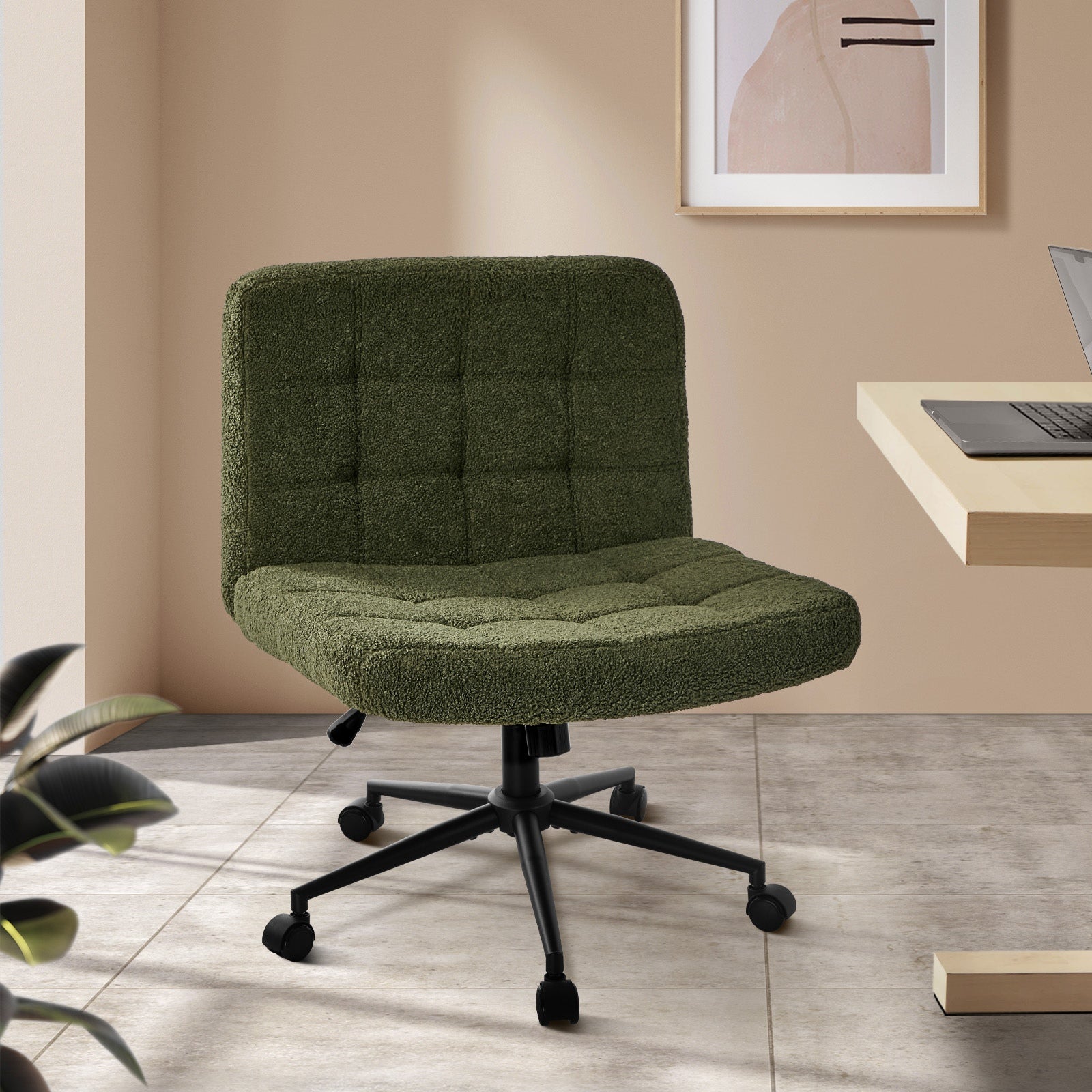 Oikiture Mid Back Armless Office Desk Chair Wide Seat Boucle Green with Wheels - Sunyee