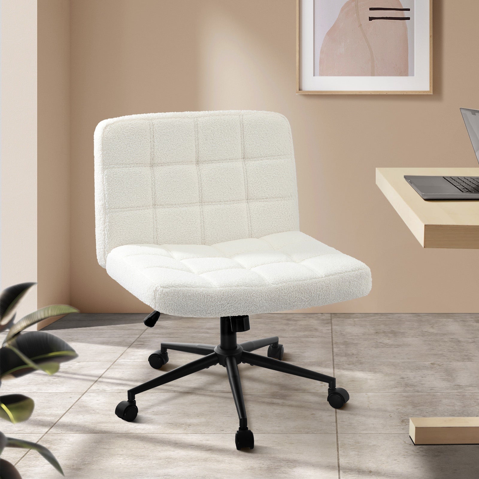 Oikiture Mid Back Armless Office Desk Chair Wide Seat Boucle White with Wheels - Sunyee