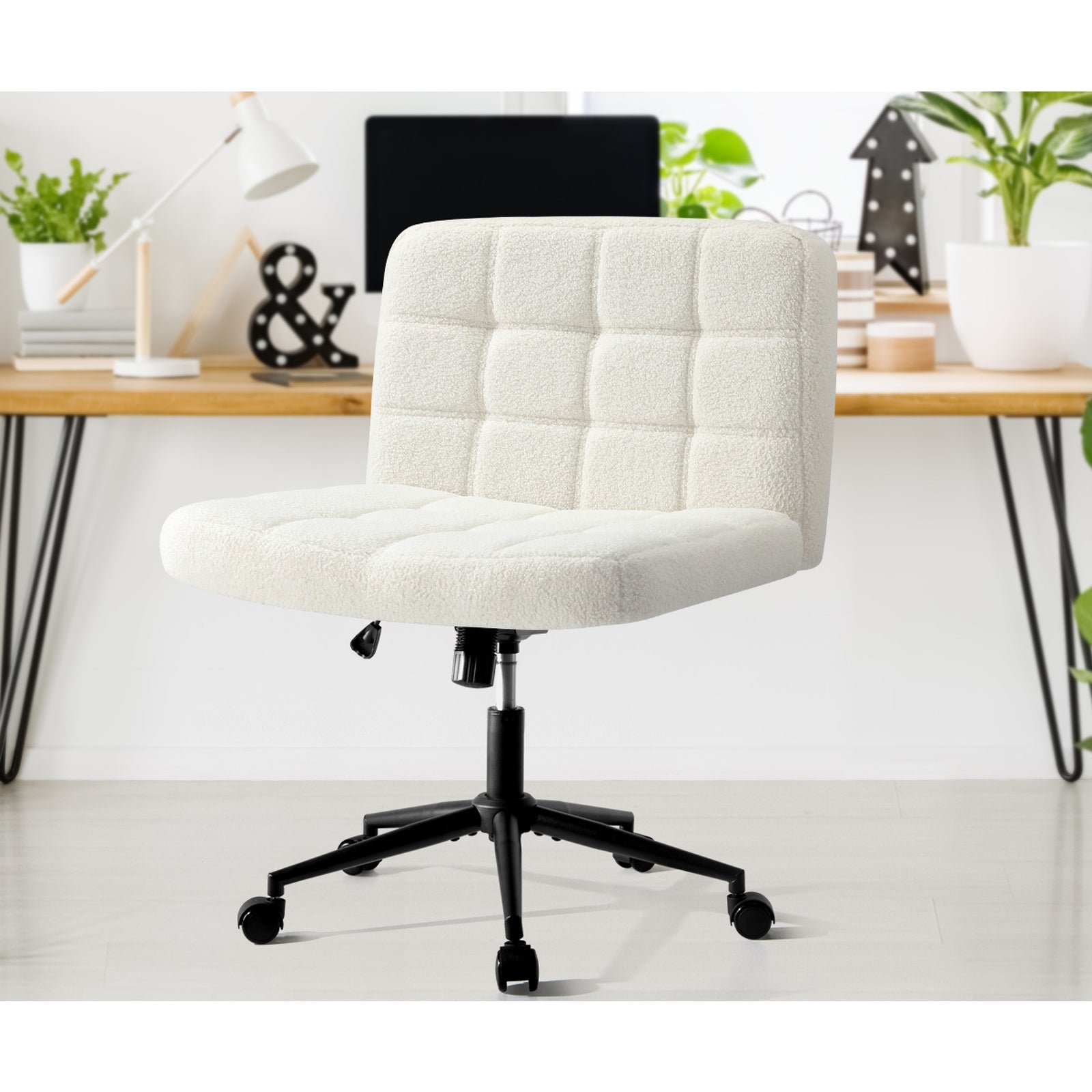 Oikiture Mid Back Armless Office Desk Chair Wide Seat Boucle White with Wheels - Sunyee