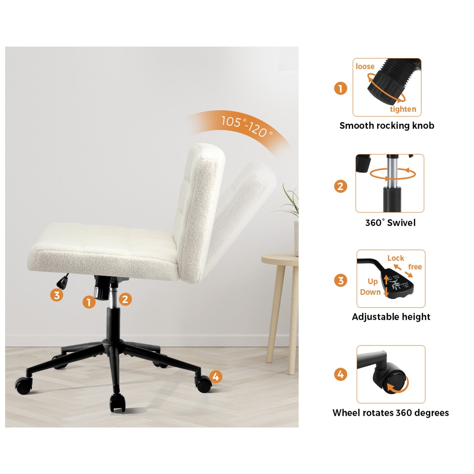 Oikiture Mid Back Armless Office Desk Chair Wide Seat Boucle White with Wheels - Sunyee