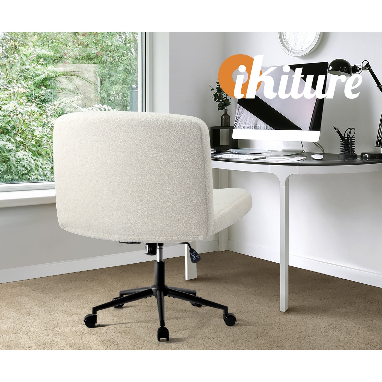 Oikiture Mid Back Armless Office Desk Chair Wide Seat Boucle White with Wheels - Sunyee