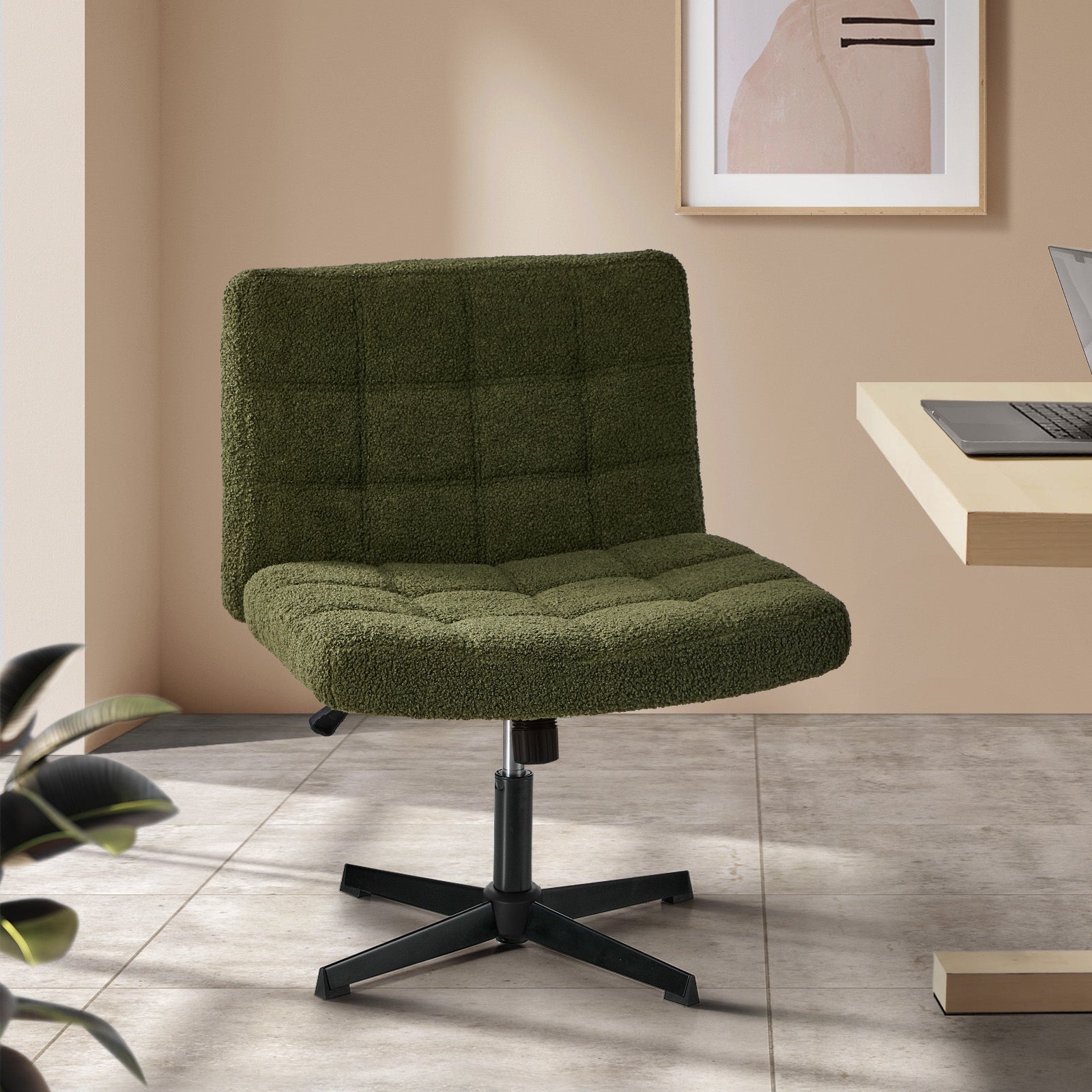 Oikiture Mid Back Armless Office Desk Chair Wide Seat Boucle Green No Wheels - Sunyee