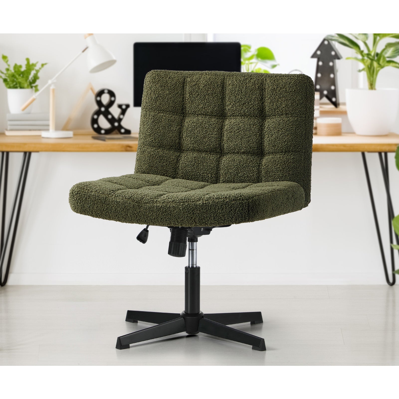 Oikiture Mid Back Armless Office Desk Chair Wide Seat Boucle Green No Wheels - Sunyee