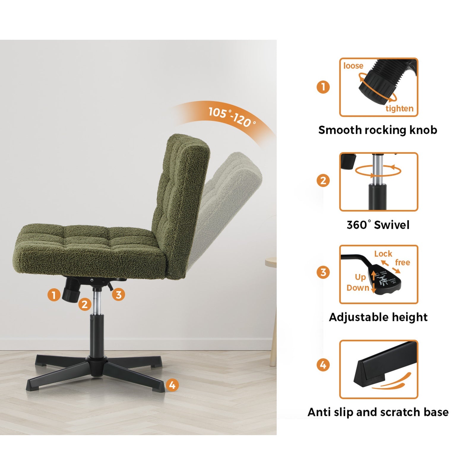 Oikiture Mid Back Armless Office Desk Chair Wide Seat Boucle Green No Wheels - Sunyee