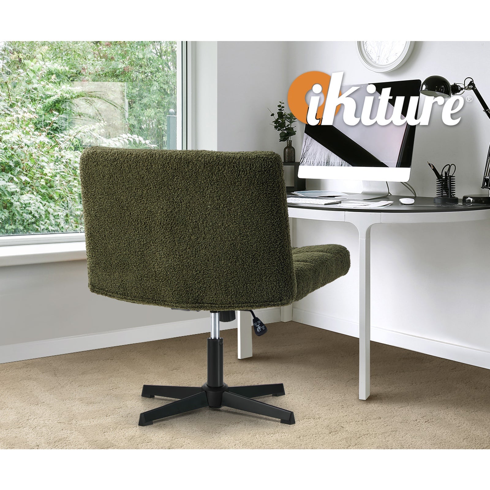 Oikiture Mid Back Armless Office Desk Chair Wide Seat Boucle Green No Wheels - Sunyee