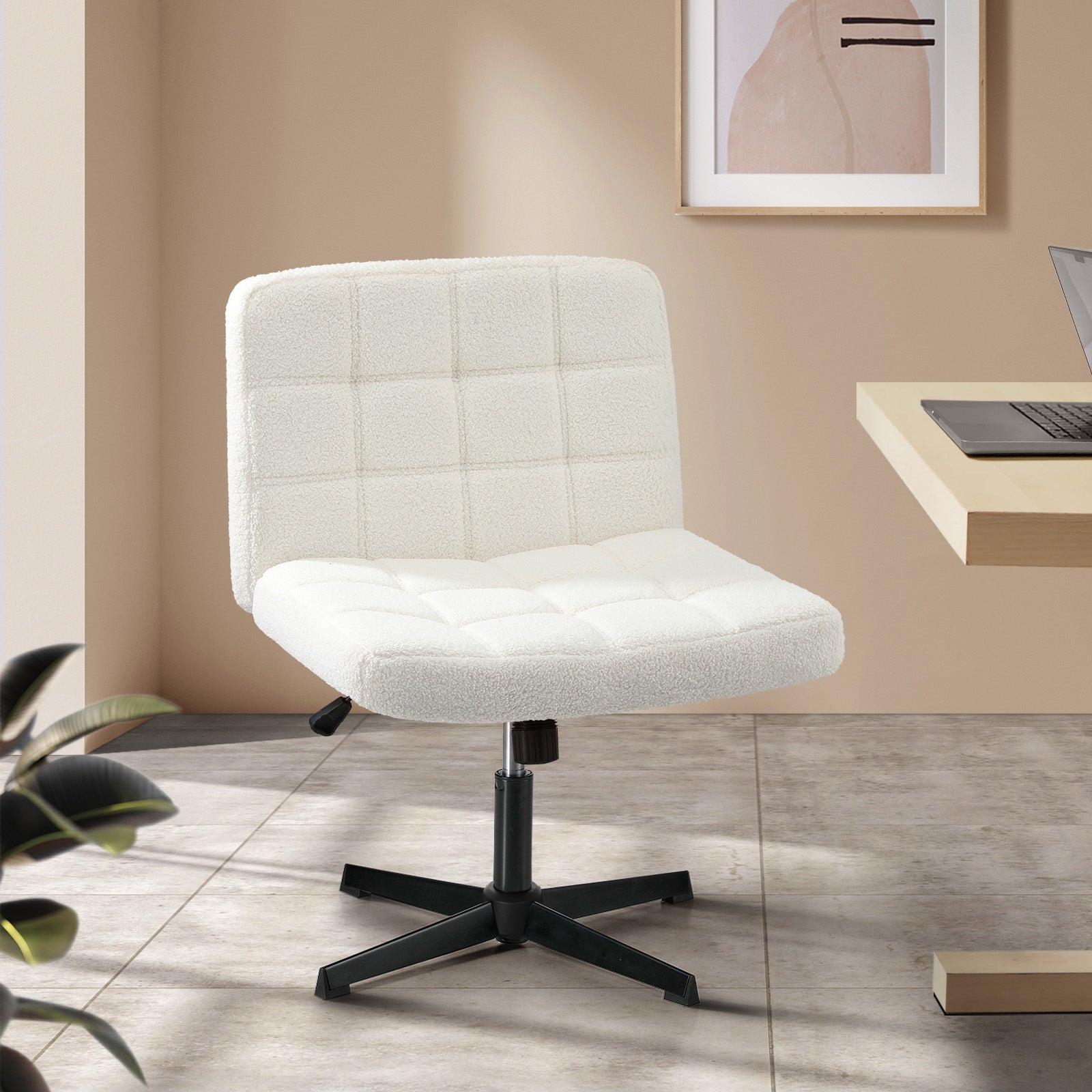 Oikiture Mid Back Armless Office Desk Chair Wide Seat Boucle White No Wheels - Sunyee