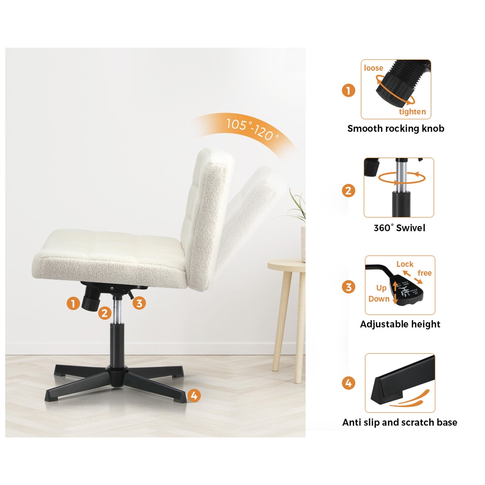 Oikiture Mid Back Armless Office Desk Chair Wide Seat Boucle White No Wheels - Sunyee