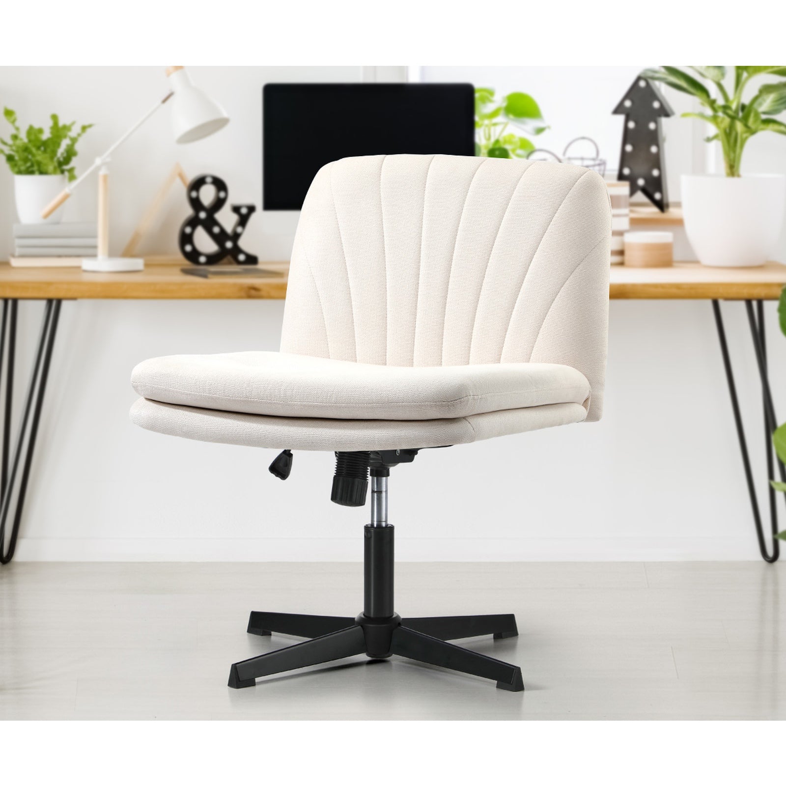 Oikiture Mid Back Armless Office Desk Chair Wide Seat Linen Beige No Wheels - Sunyee