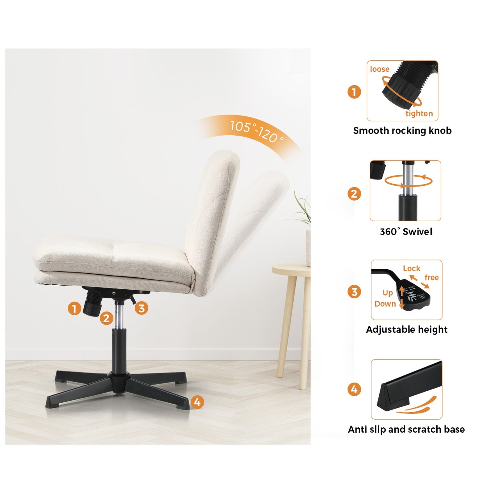 Oikiture Mid Back Armless Office Desk Chair Wide Seat Linen Beige No Wheels - Sunyee