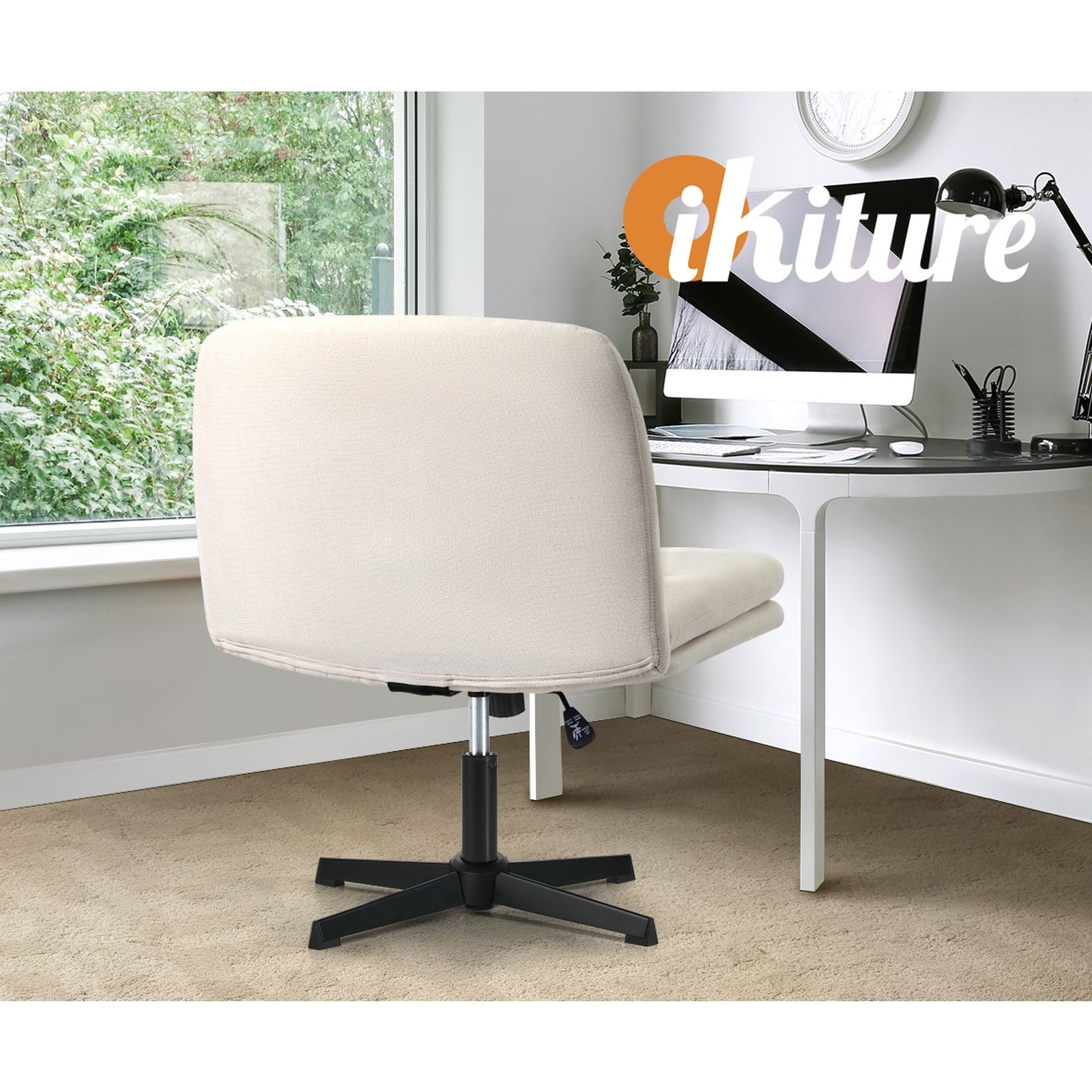 Oikiture Mid Back Armless Office Desk Chair Wide Seat Linen Beige No Wheels - Sunyee