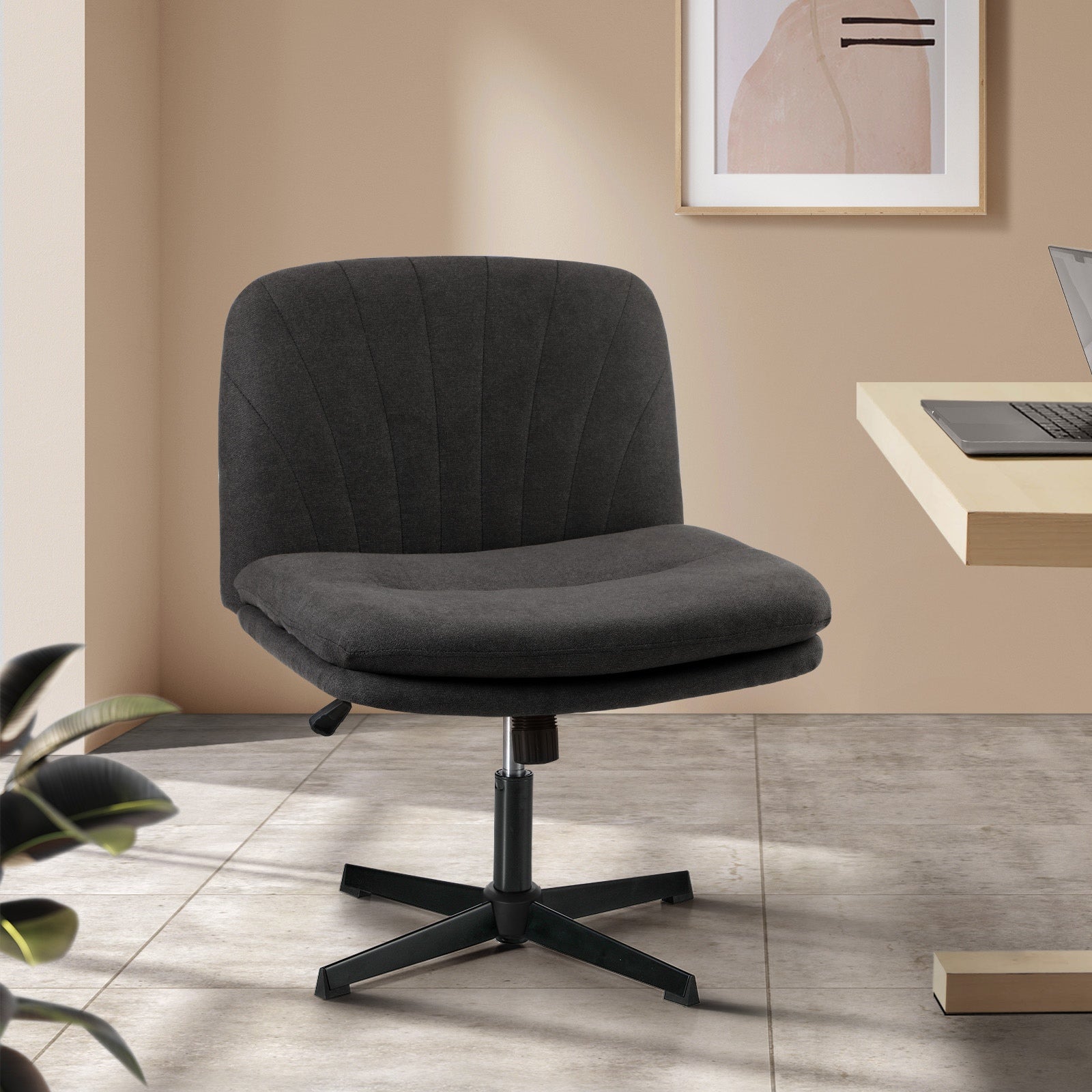 Oikiture Mid Back Armless Office Desk Chair Wide Seat Linen Charcoal No Wheels - Sunyee